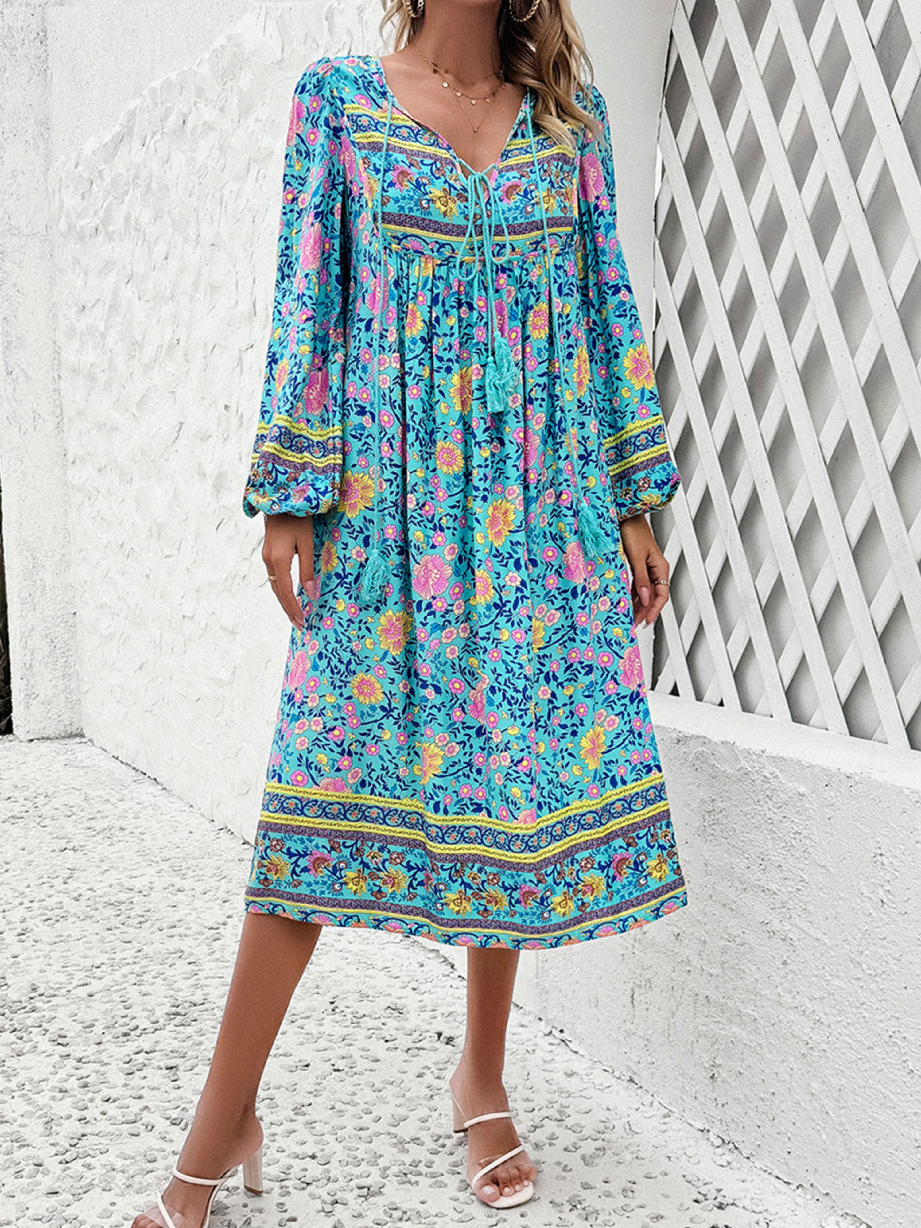 V-Neck Floral Boho A Line Long Sleeves Blue Wedding Guest Dress
