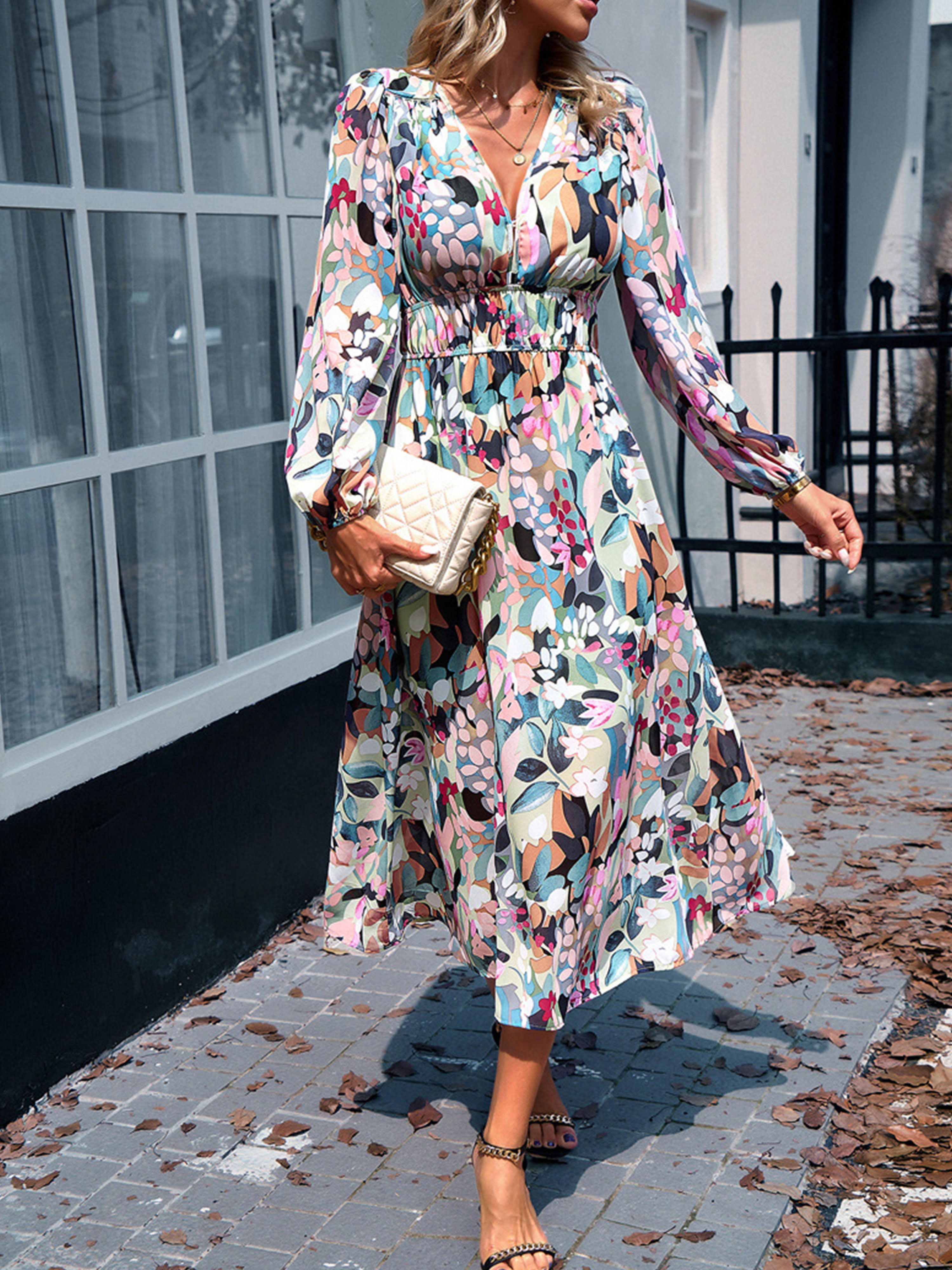 V Neck A Line Long Sleeves Casual Printed Mint Green Wedding Guest Dress