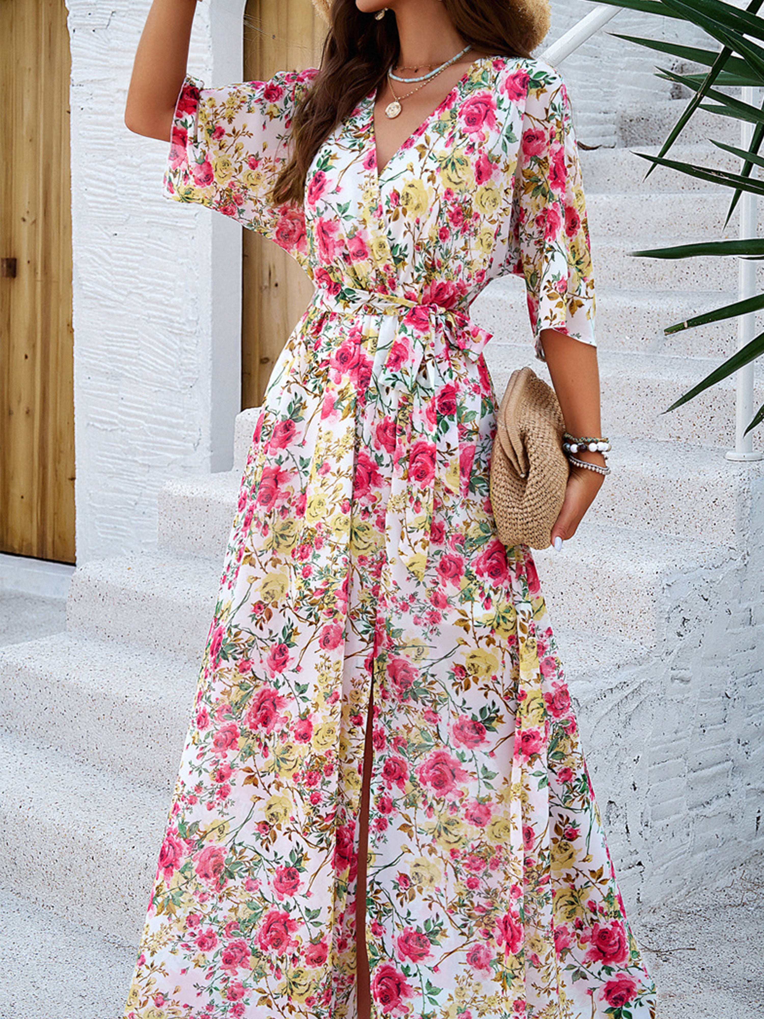 Half Sleeves V Neck A Line Strappy Waisted White Wedding Guest Dress With Split