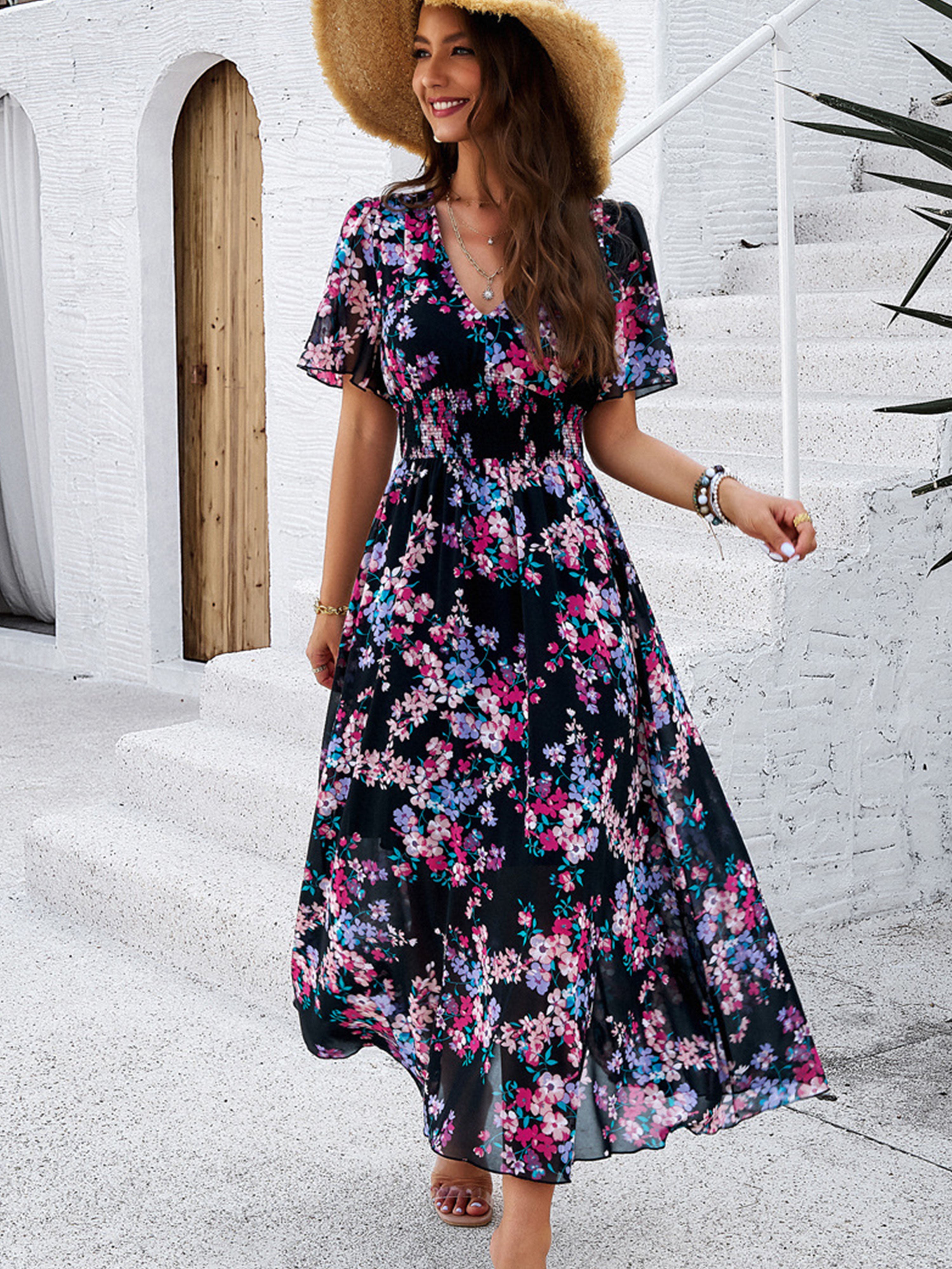 Floral Elegant V Neck Sleeves Black Long Wedding Guest Dress