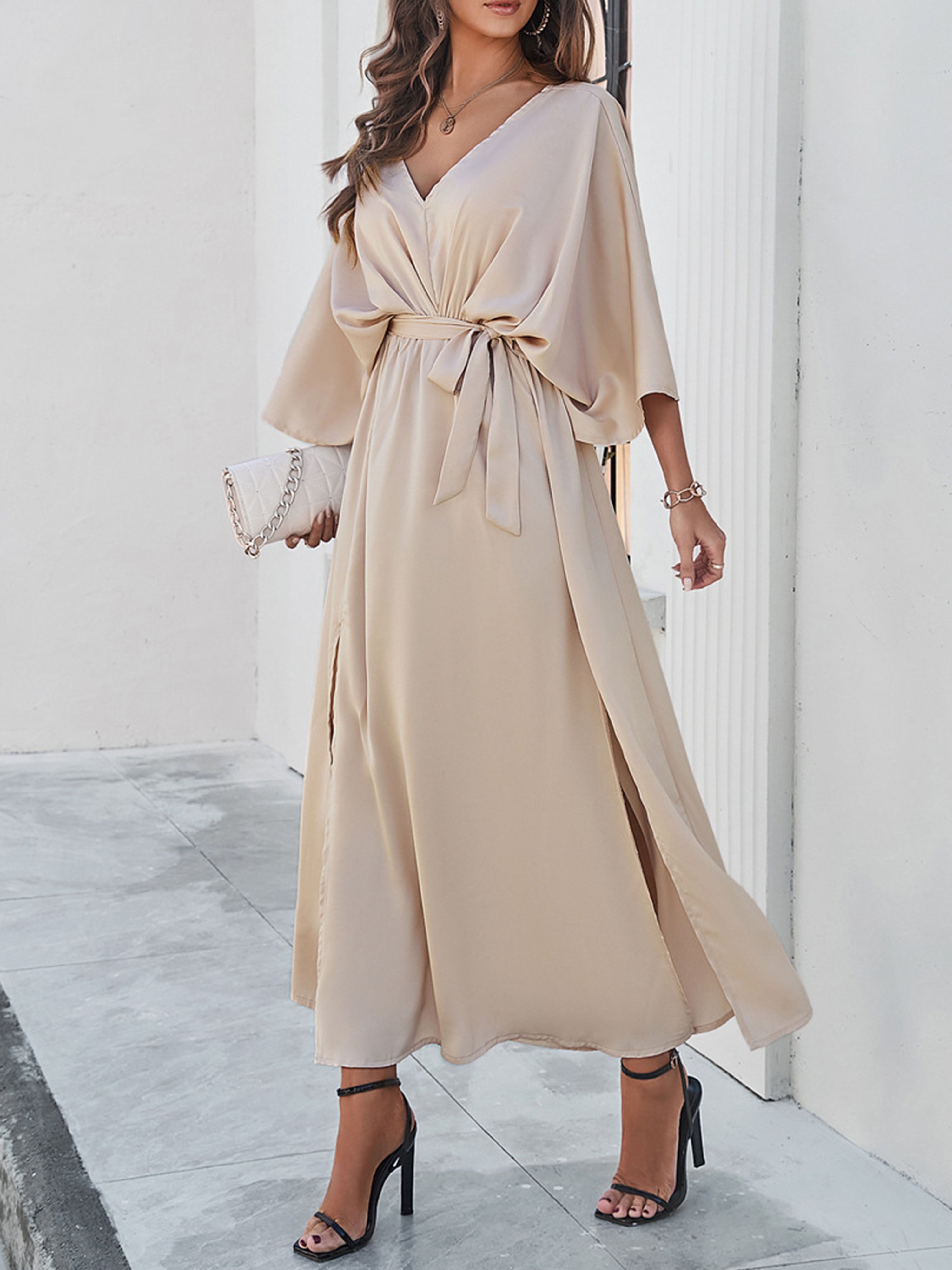 Elegant Champagne V-Neck Sleeves Split Wedding Guest Dress With Belt