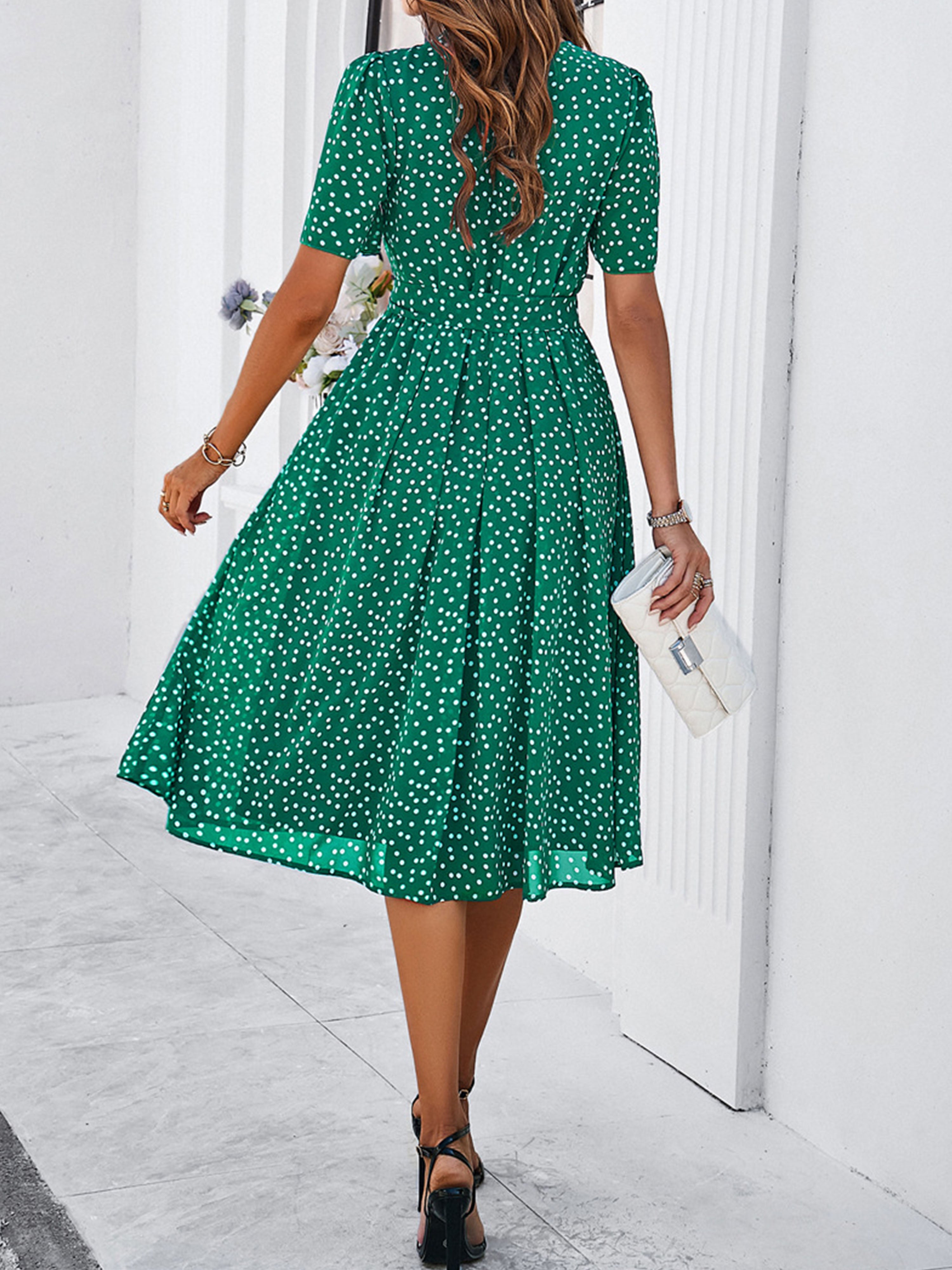 Casual Polka Dot Cowl Short Sleeves Green Wedding Guest Dress With Belt