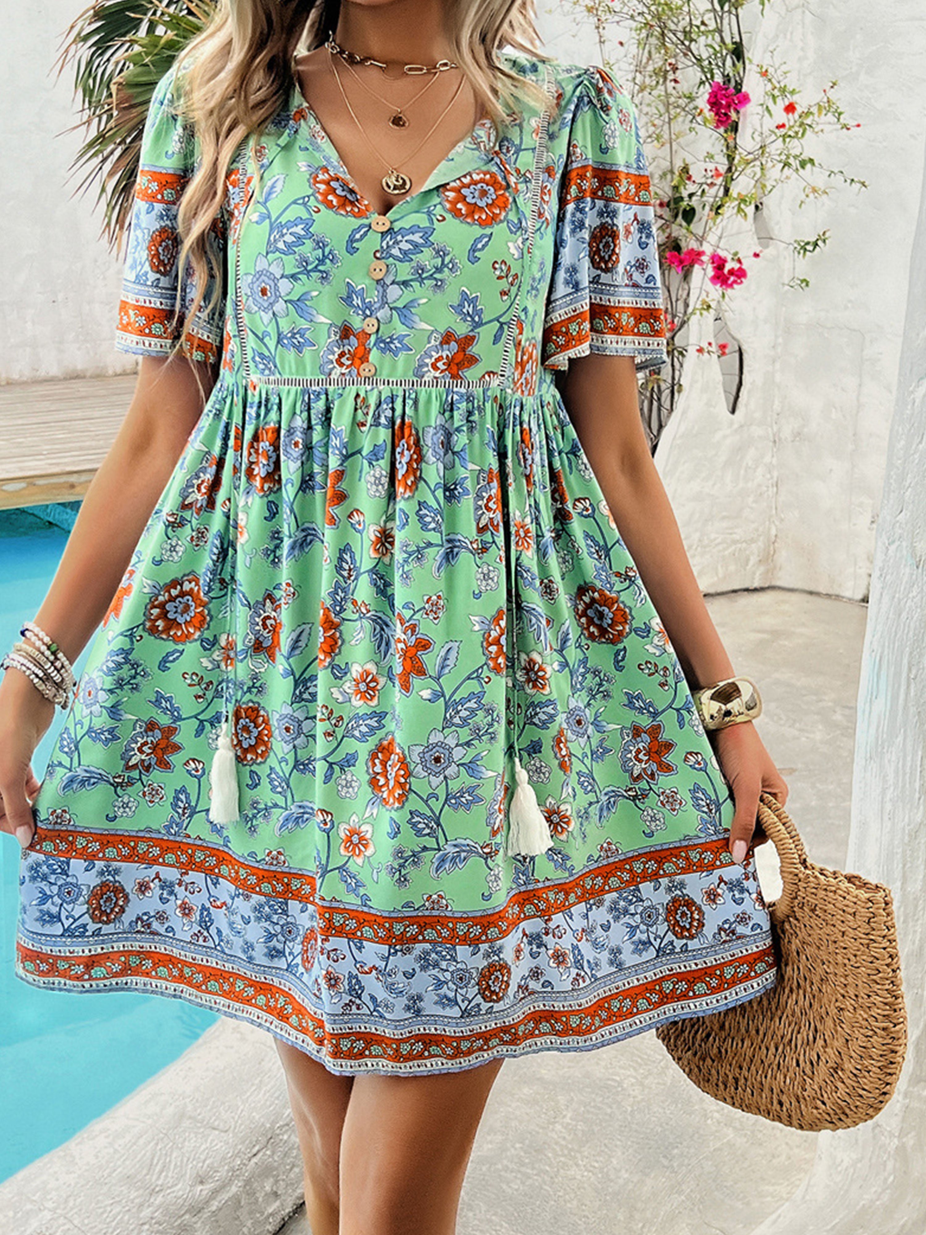 A Line Mint Green Boho V Neck Short Sleeves Wedding Guest Dress