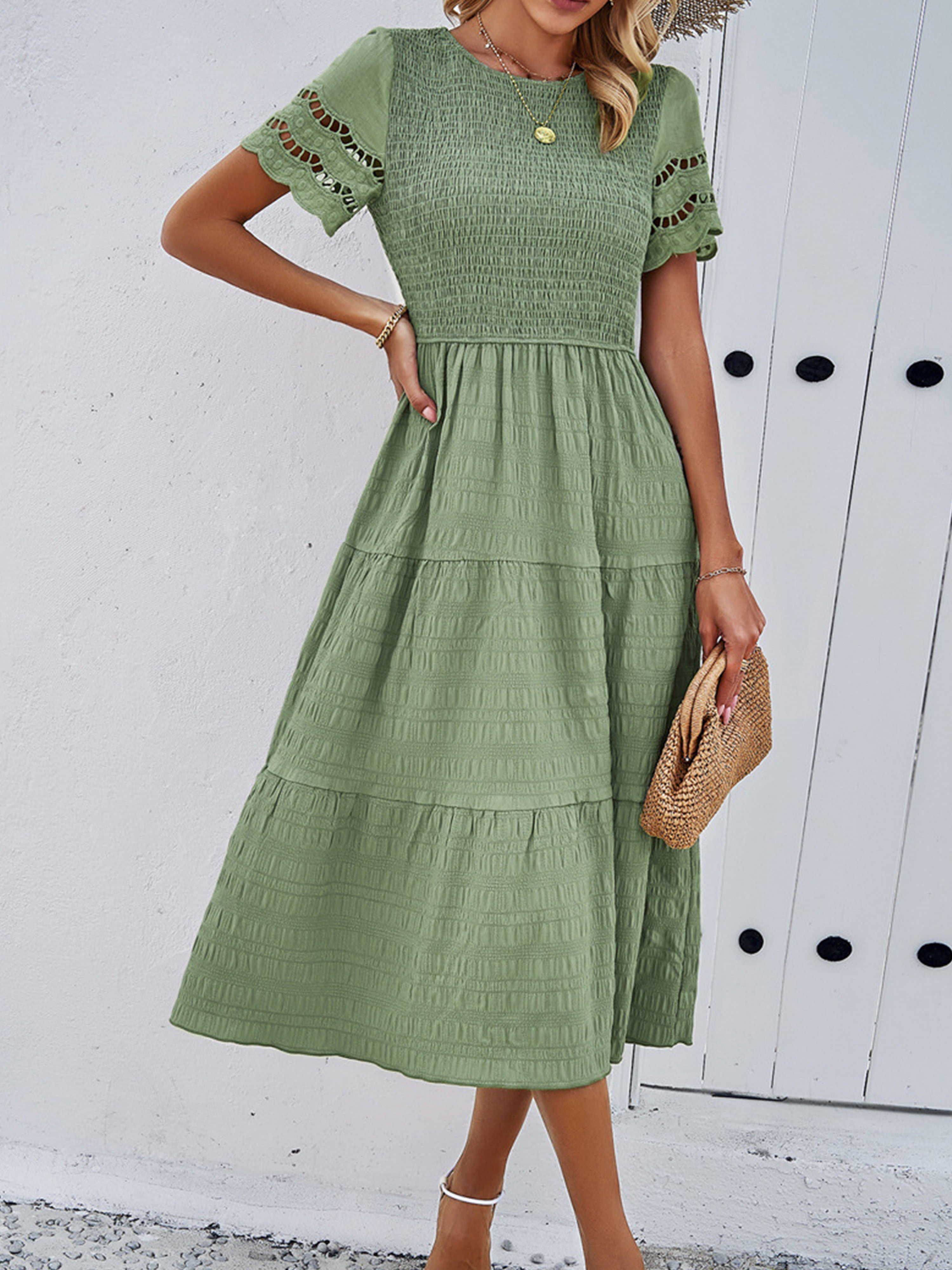 Dusty Sage Solid Color A Line Round Neck Sleeves Wedding Guest Dress