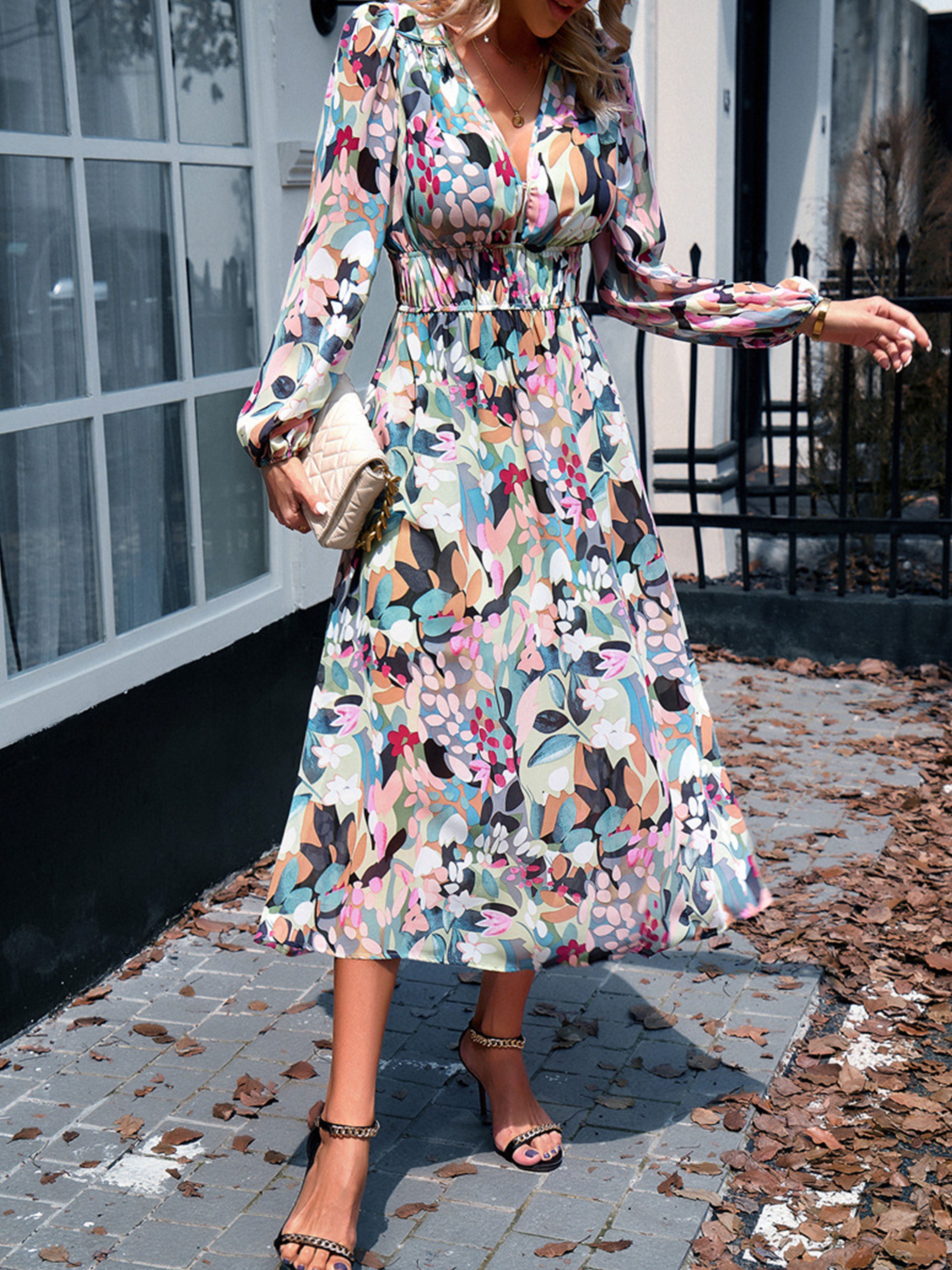 V Neck A Line Long Sleeves Casual Printed Mint Green Wedding Guest Dress