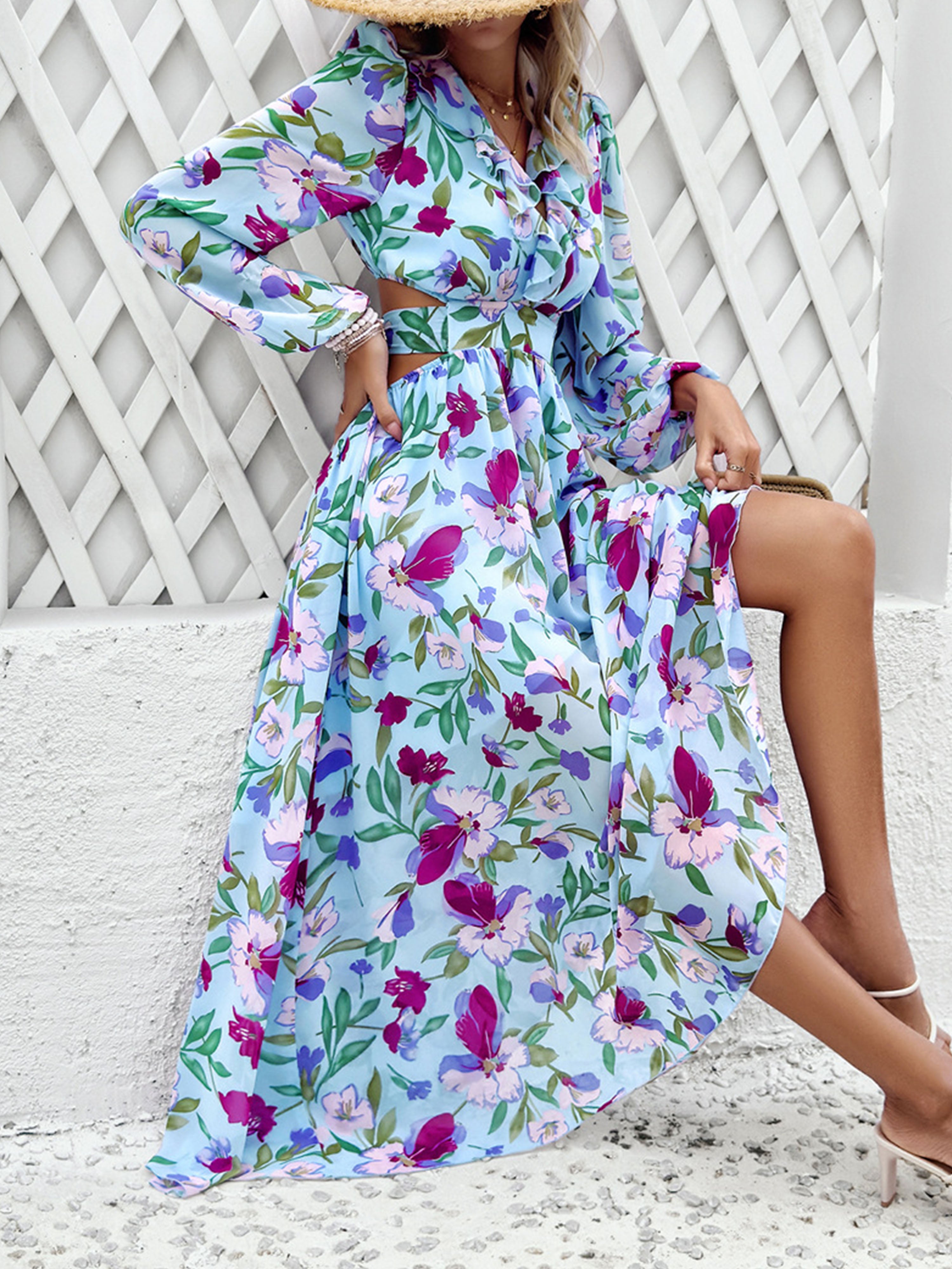 Floral V-Neck Sky Blue Long Sleeves A Line Wedding Guest Dress