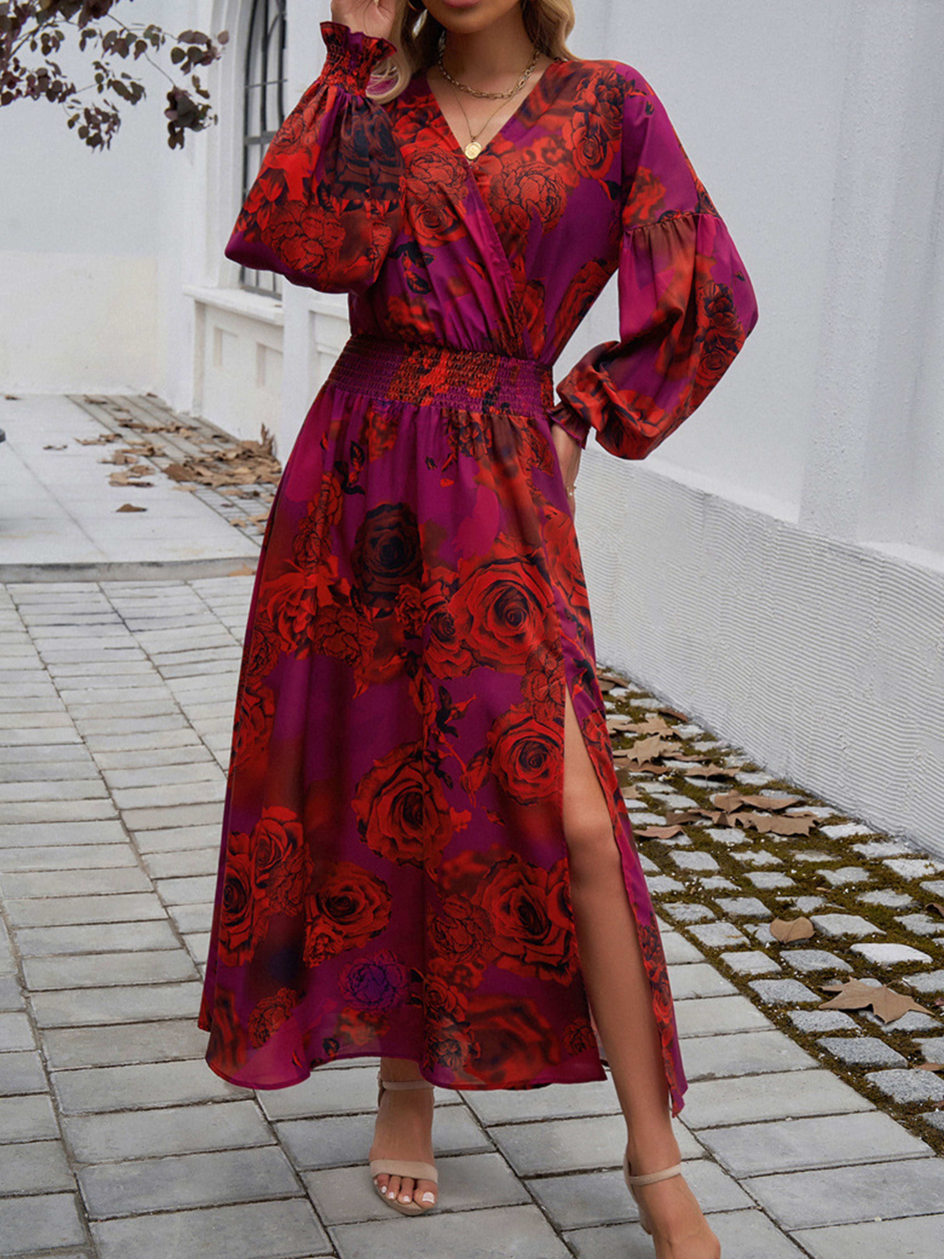 Empire Waist V Neck Long Sleeves Red Wedding Guest Dress With Split