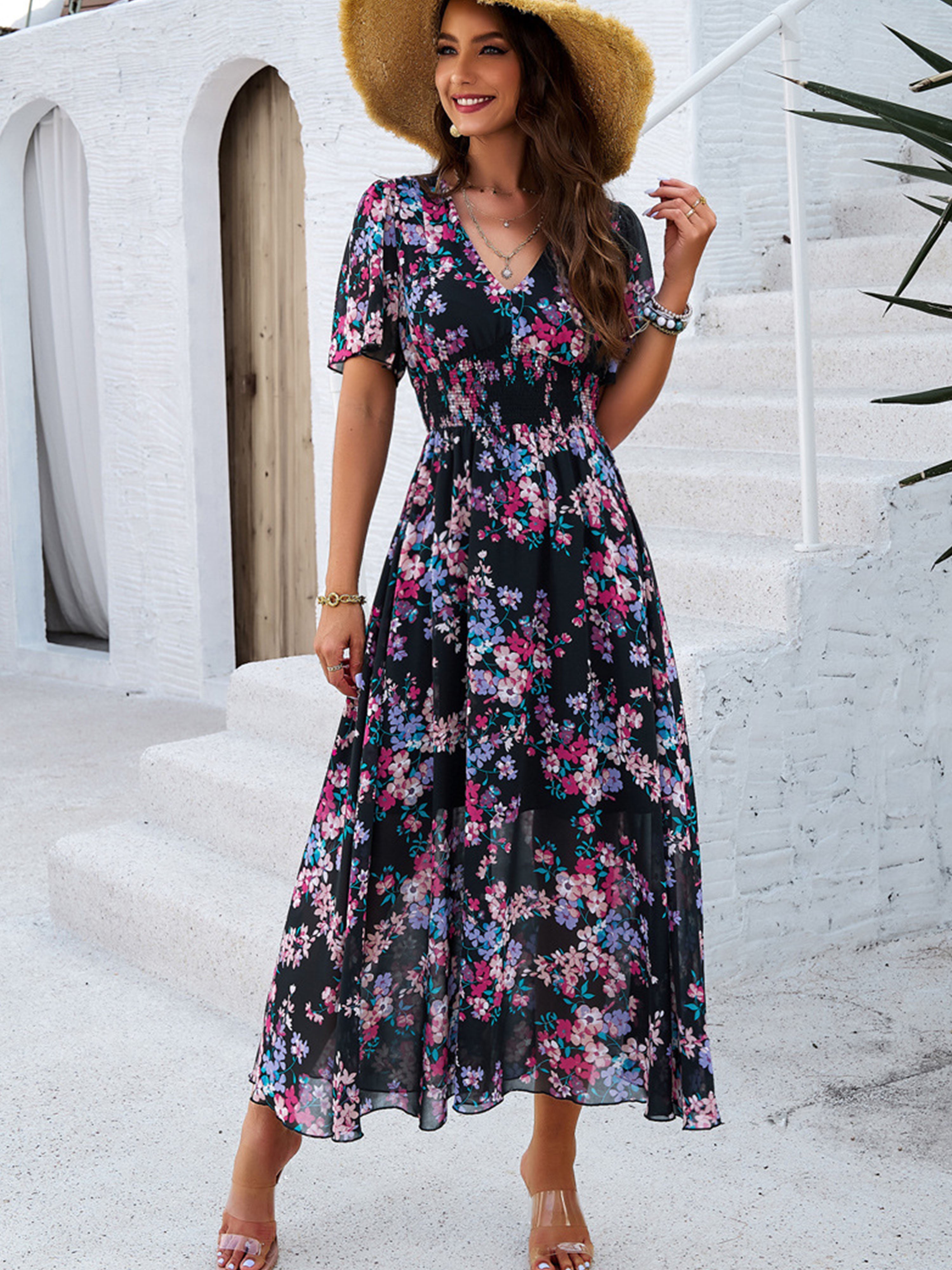 Floral Elegant V Neck Sleeves Black Long Wedding Guest Dress