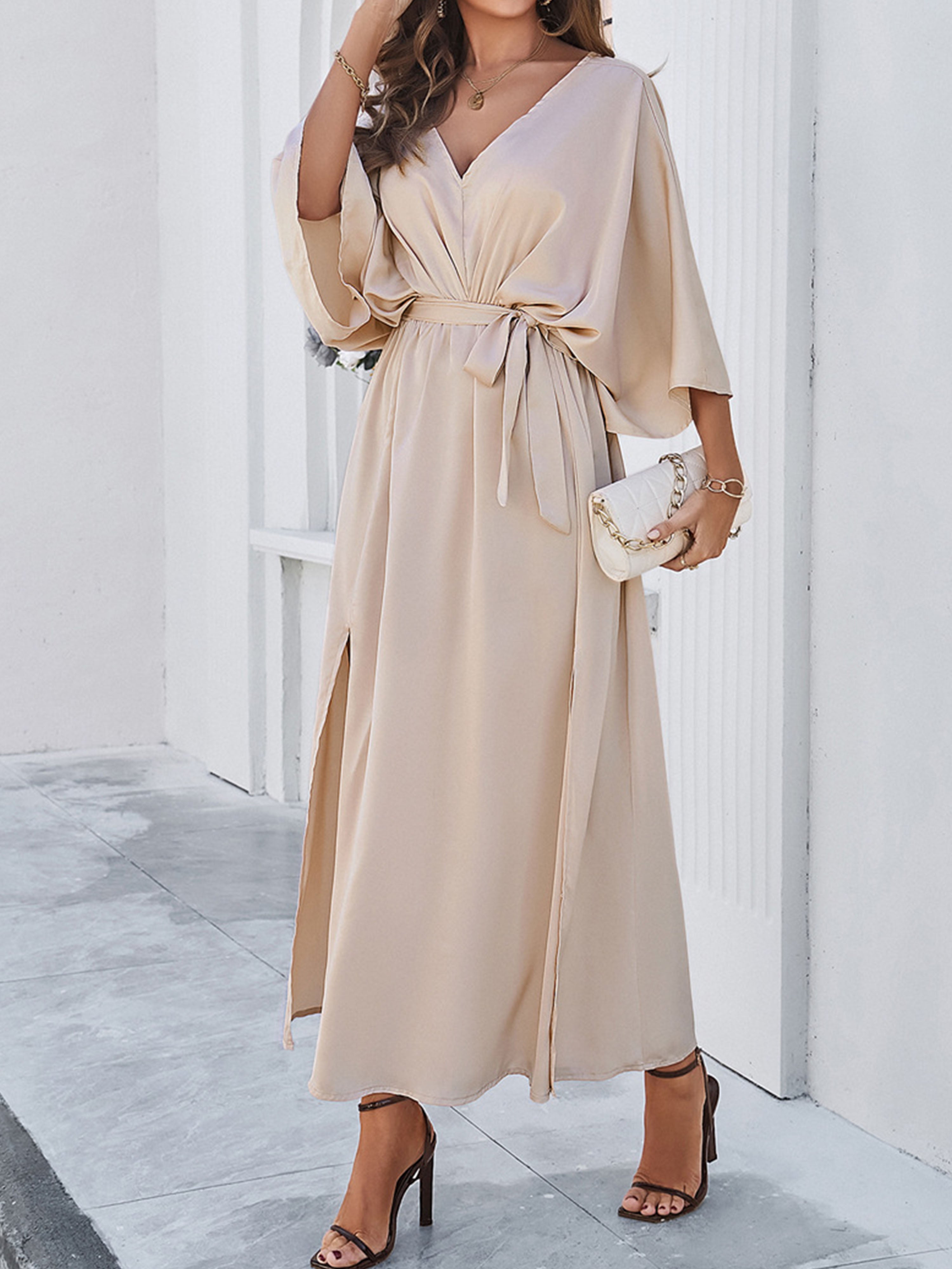 Elegant Champagne V-Neck Sleeves Split Wedding Guest Dress With Belt