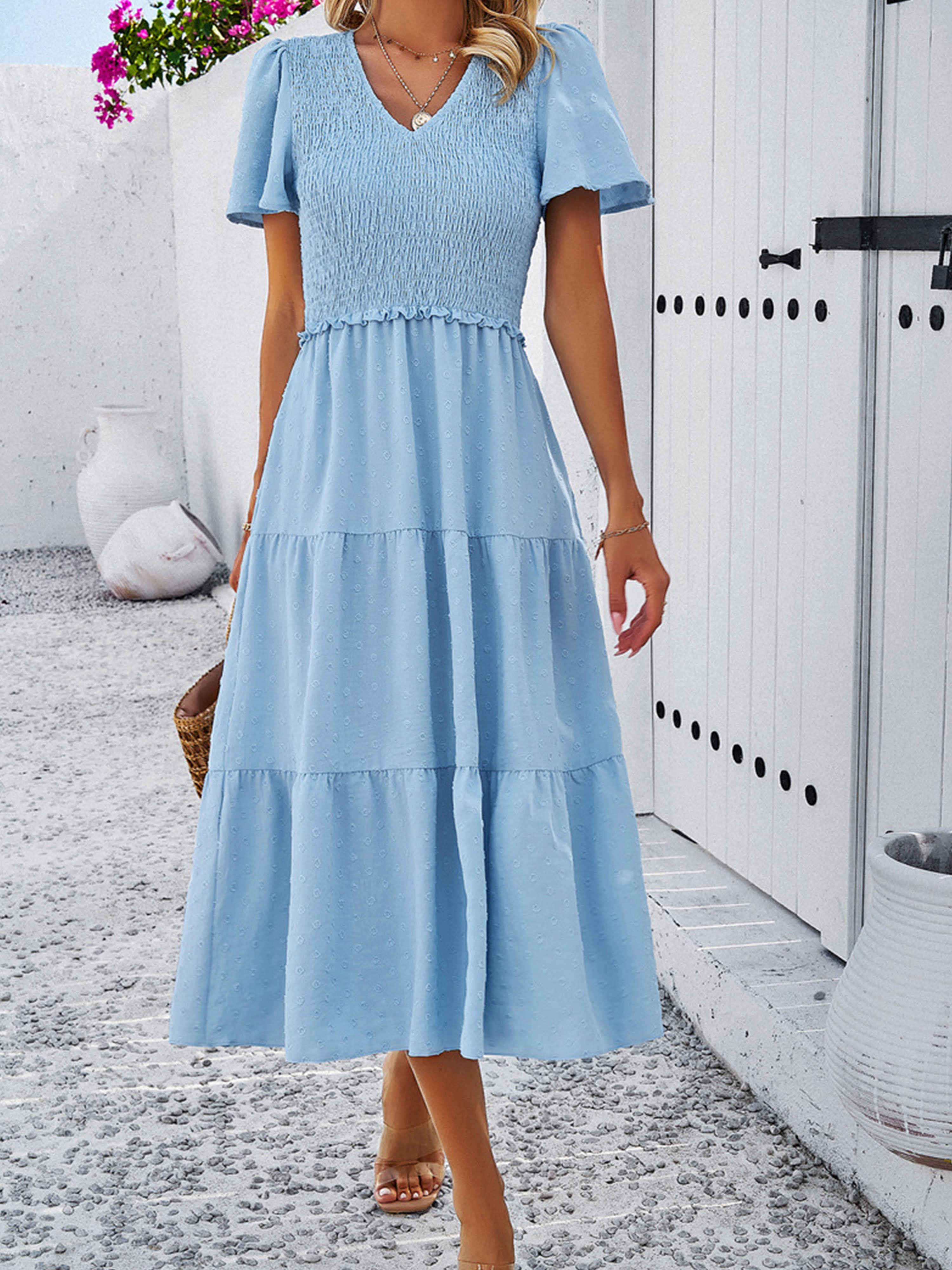 Casual Polka Dot V-Neck Short Sleeves Sky Blue Wedding Guest Dress
