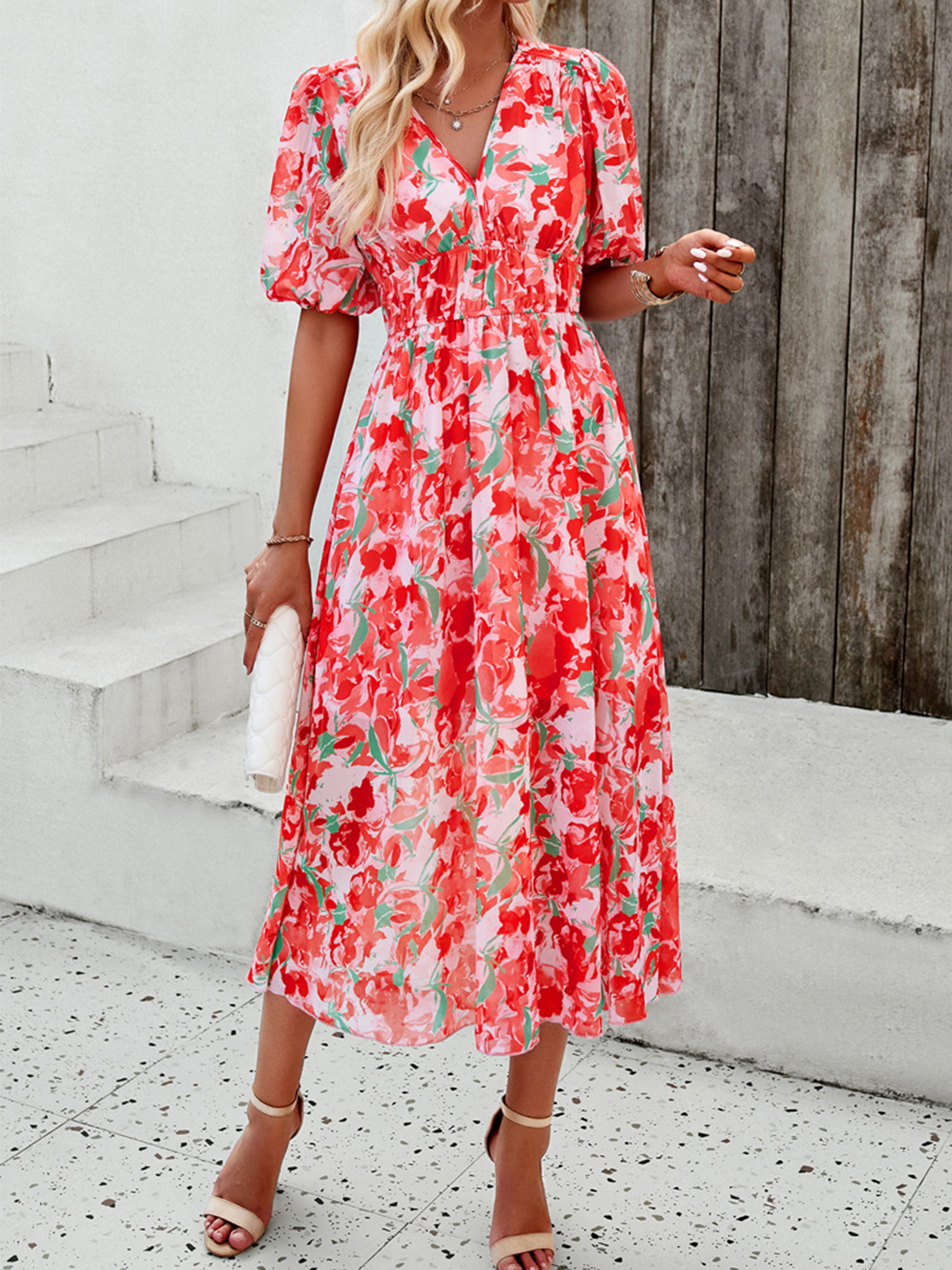 A Line Strappy Waisted Sleeves V Neck Red Wedding Guest Dress