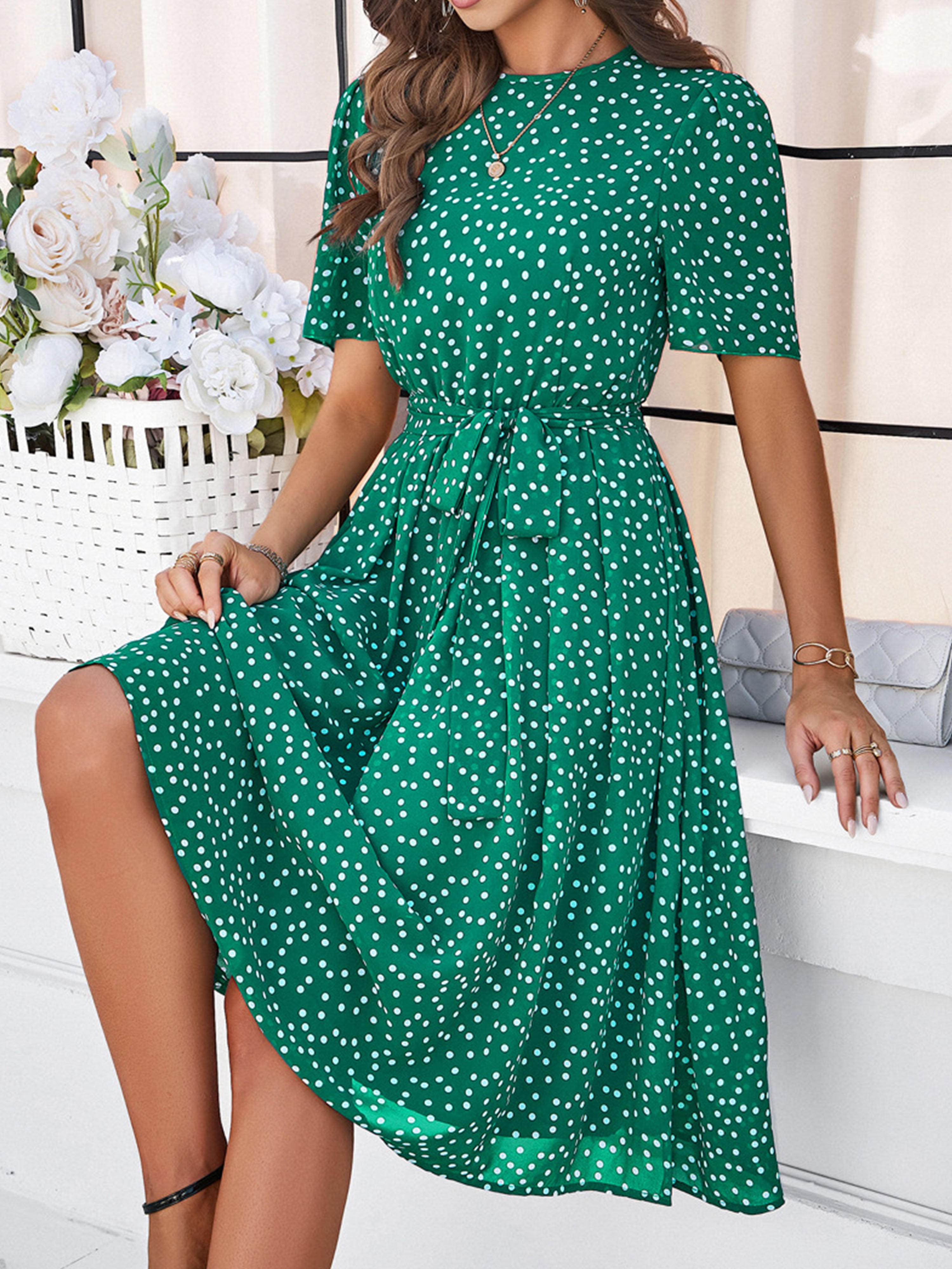 Casual Polka Dot Cowl Short Sleeves Green Wedding Guest Dress With Belt