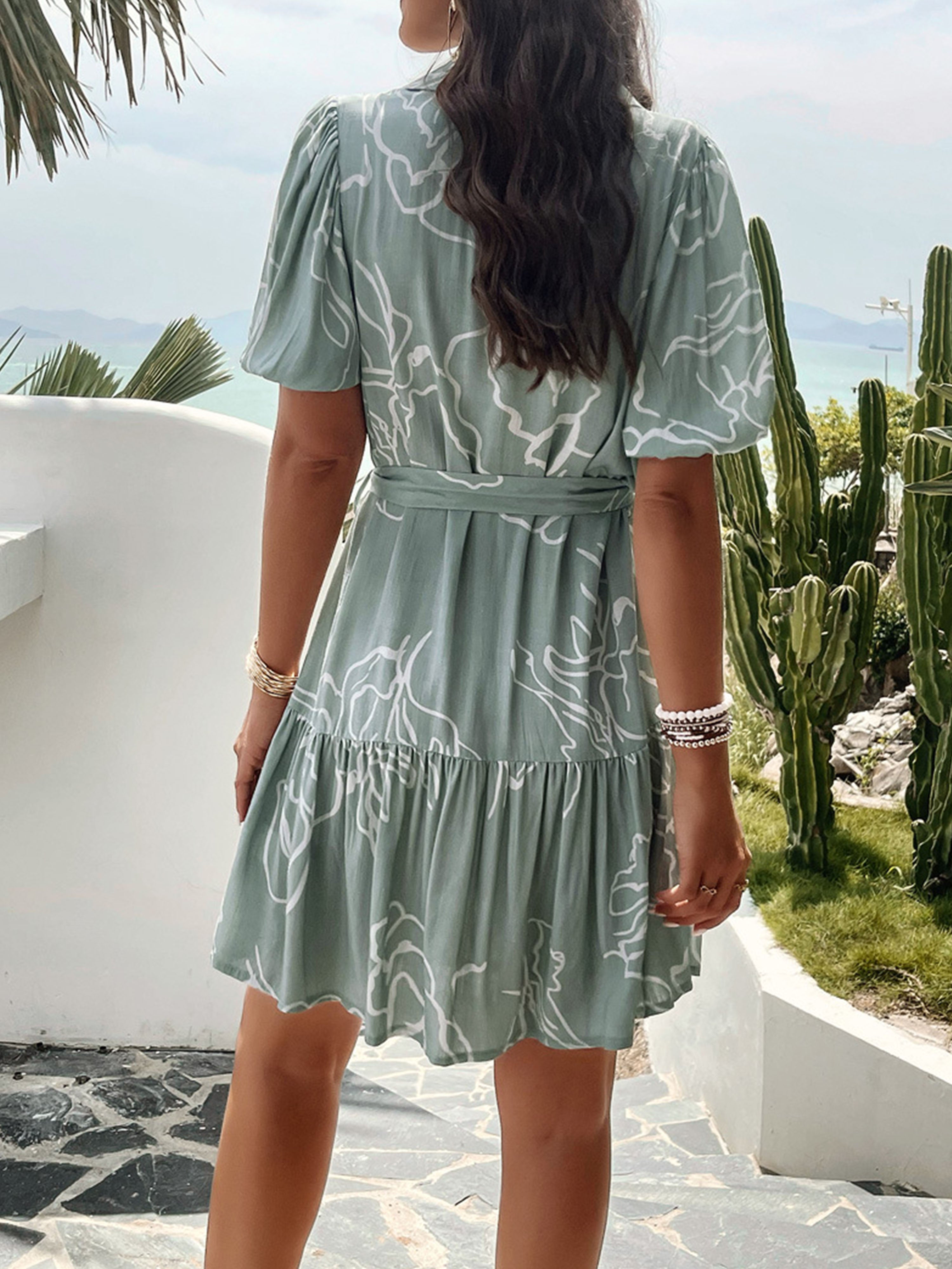 V Neck Elegant Geometric Print Short Sleeves Dusty Sage Wedding Guest Dress