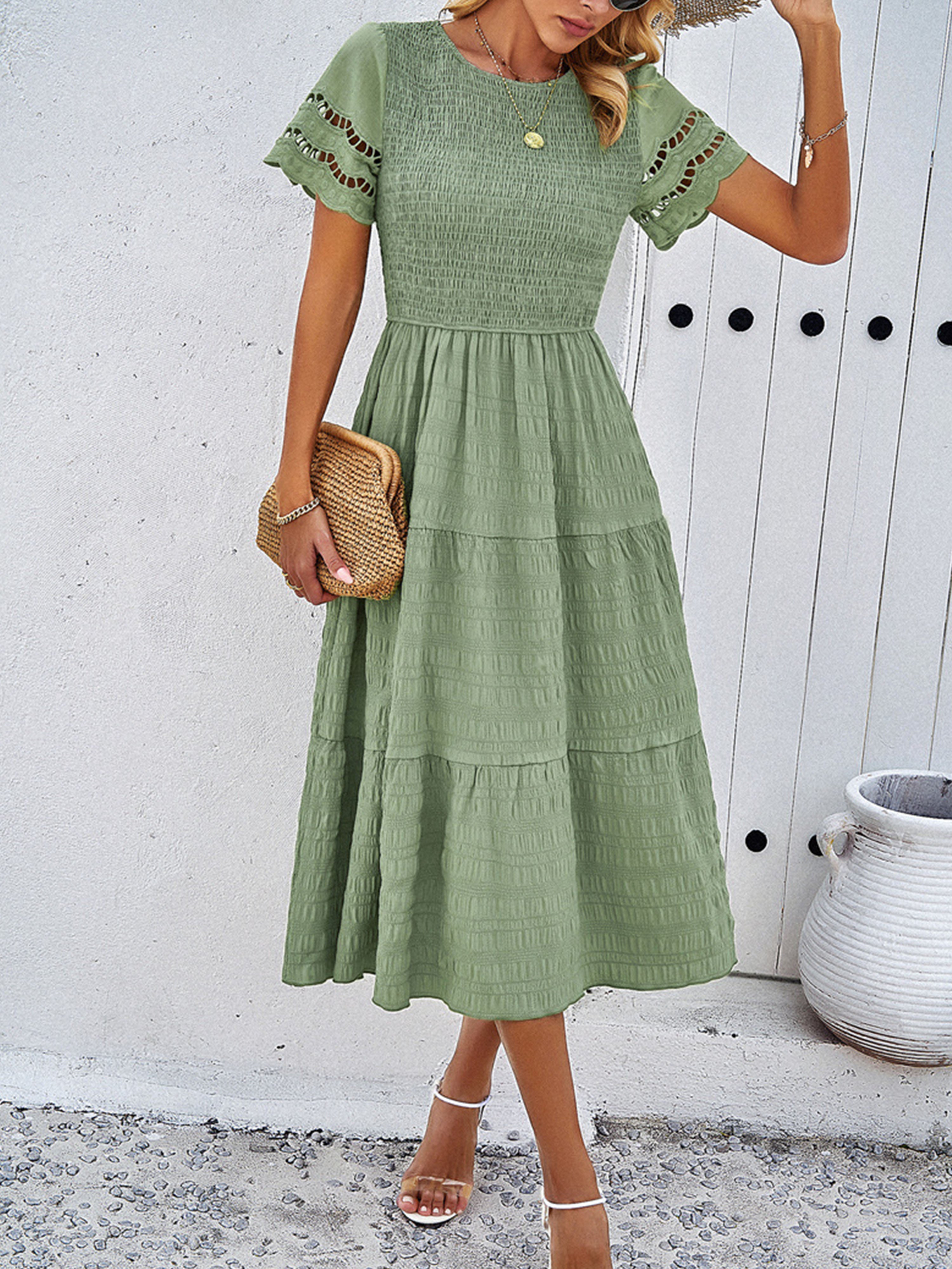 Dusty Sage Solid Color A Line Round Neck Sleeves Wedding Guest Dress