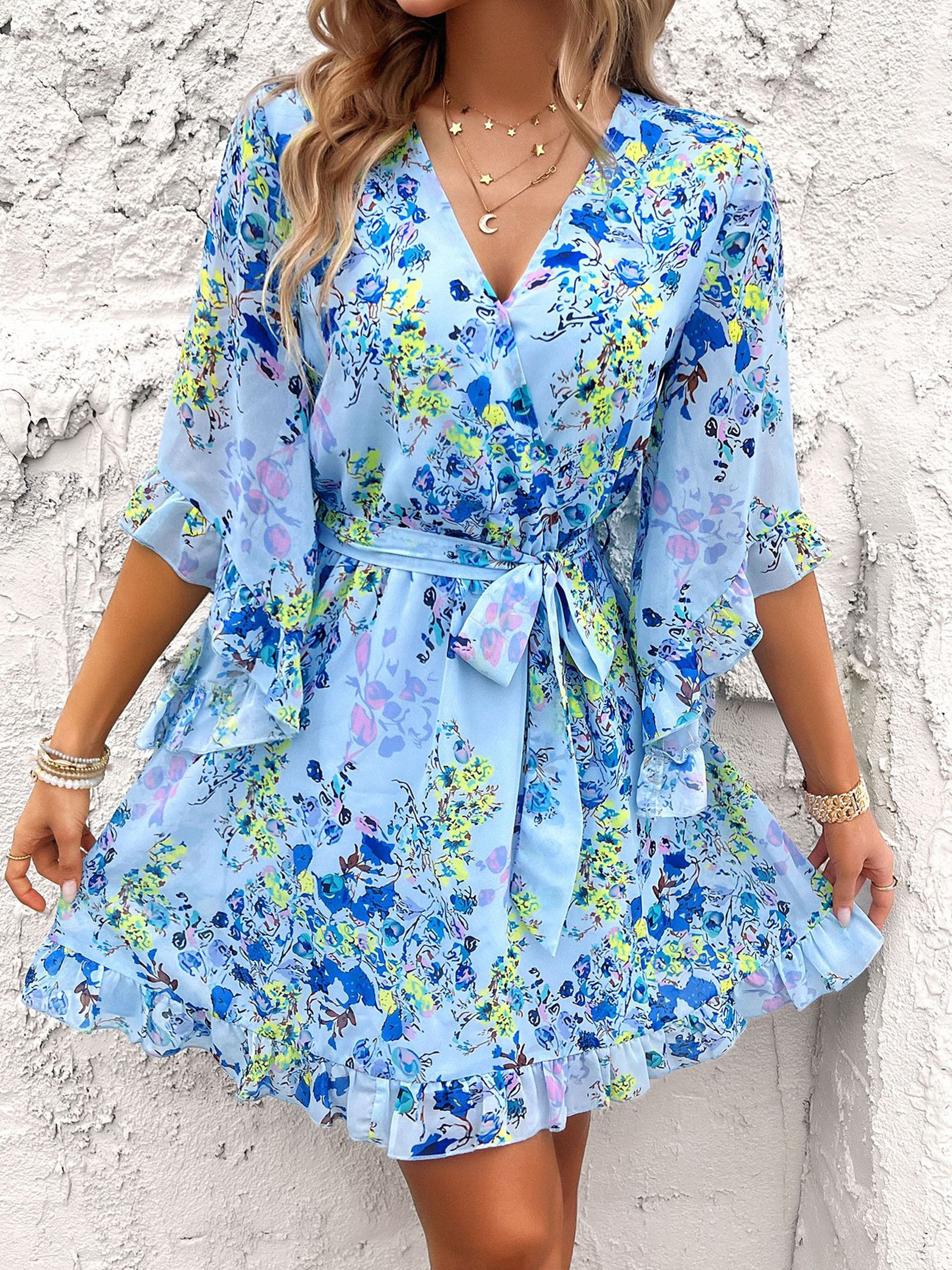 Ruffles Sleeves Floral V Neck Sky Blue Wedding Guest Dress With Belts