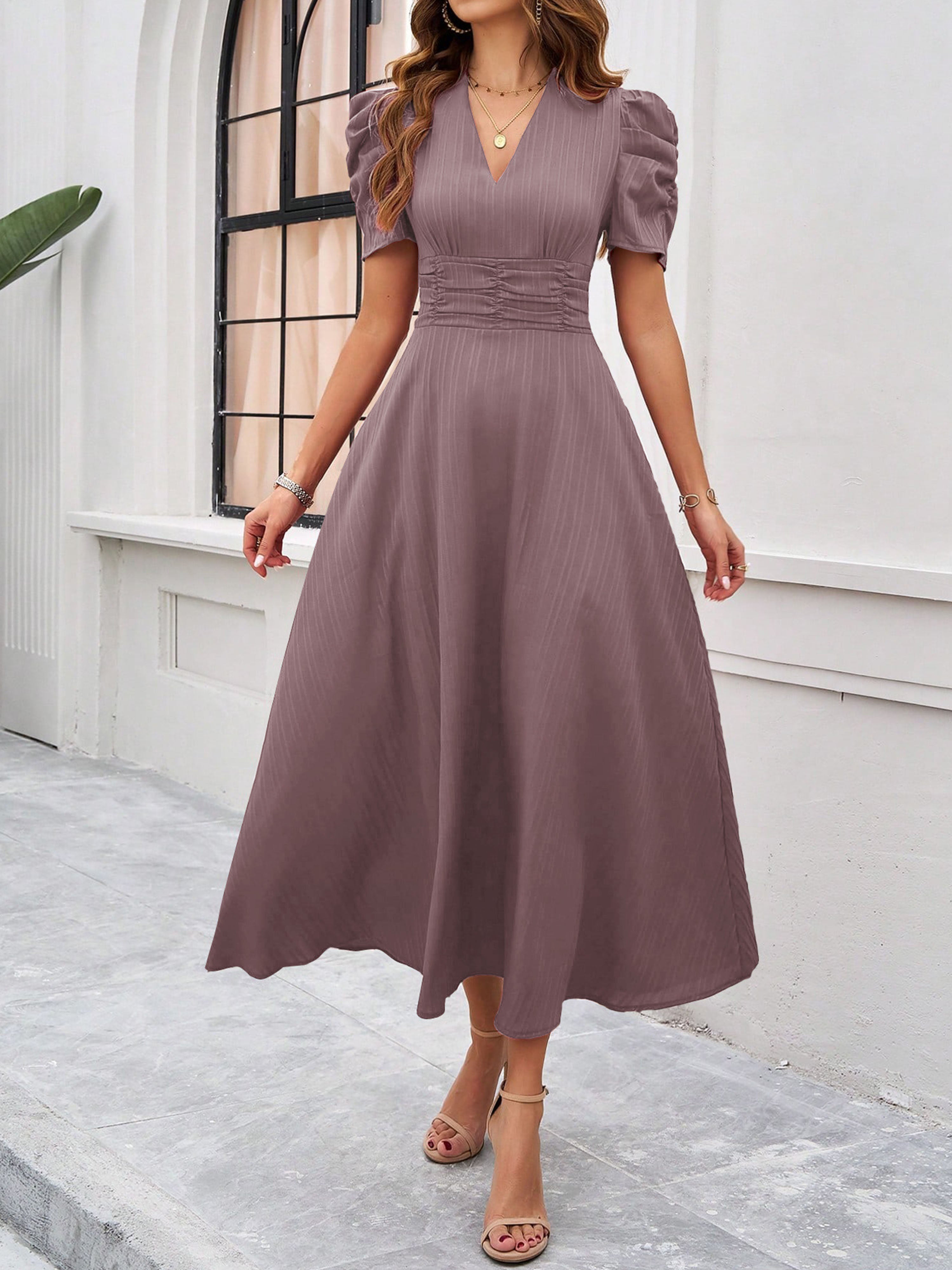 Elegant Empire Waist A Line Sleeves Vintage Mauve Wedding Guest Dress
