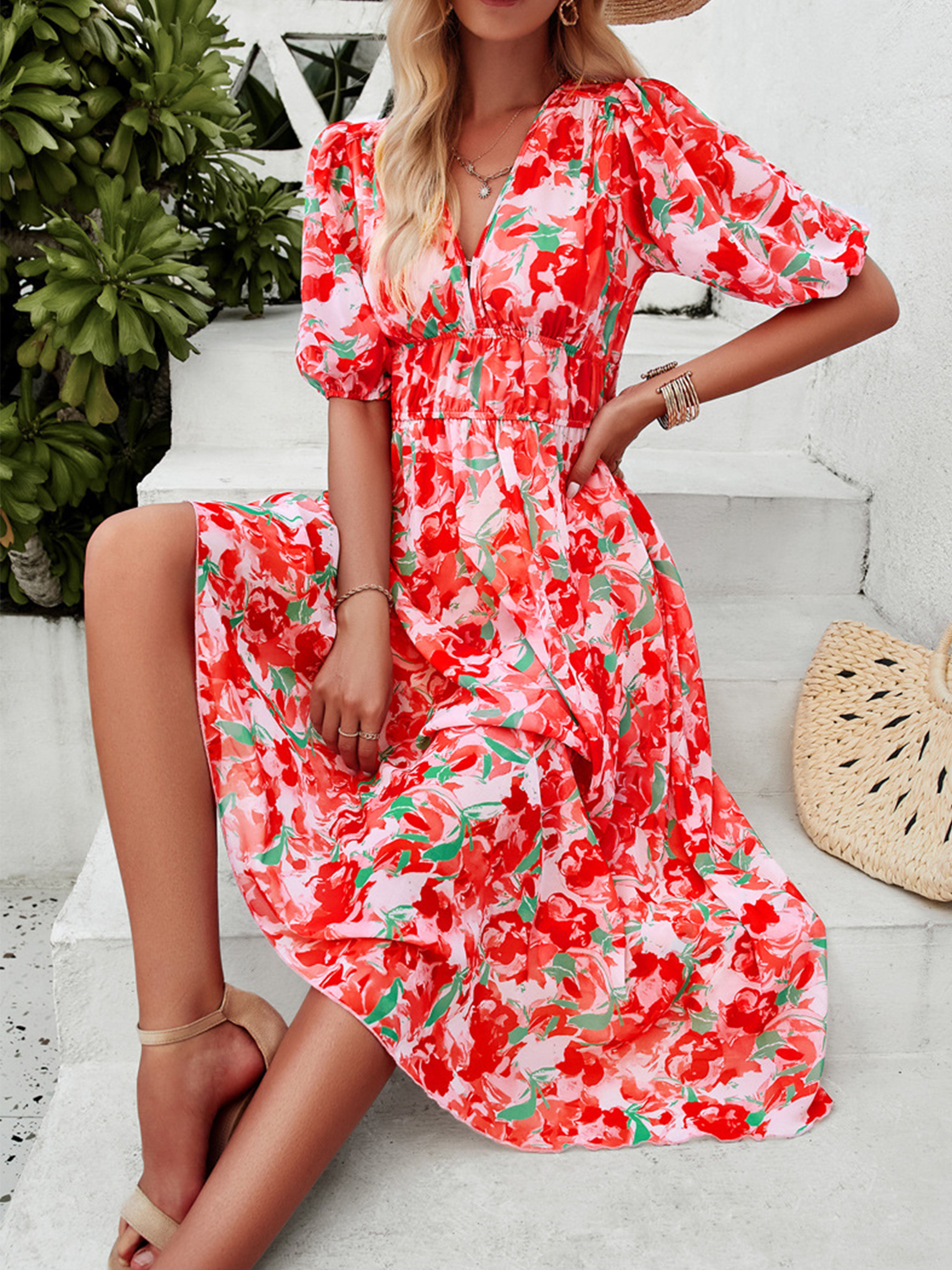 A Line Strappy Waisted Sleeves V Neck Red Wedding Guest Dress