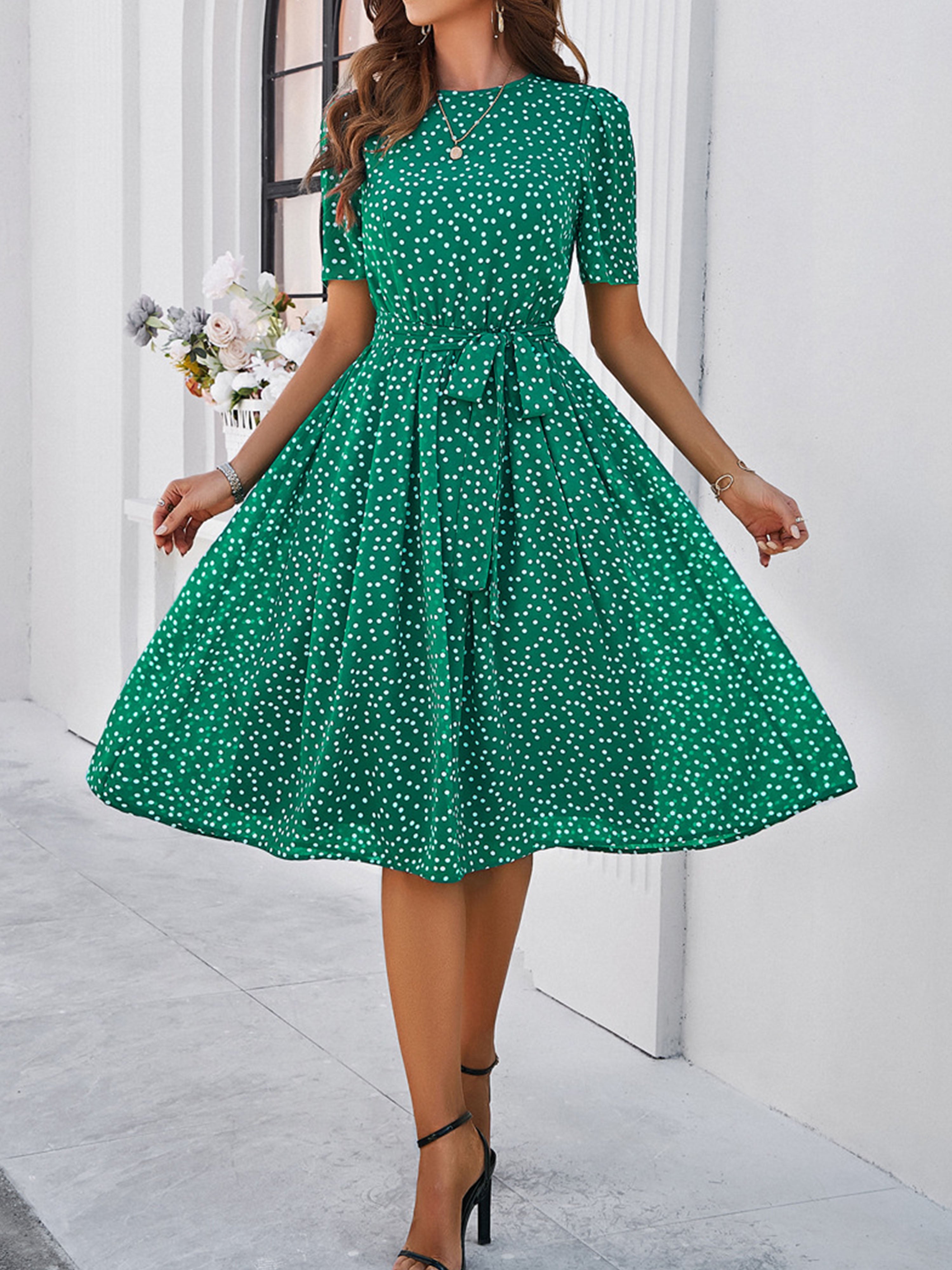 Casual Polka Dot Cowl Short Sleeves Green Wedding Guest Dress With Belt