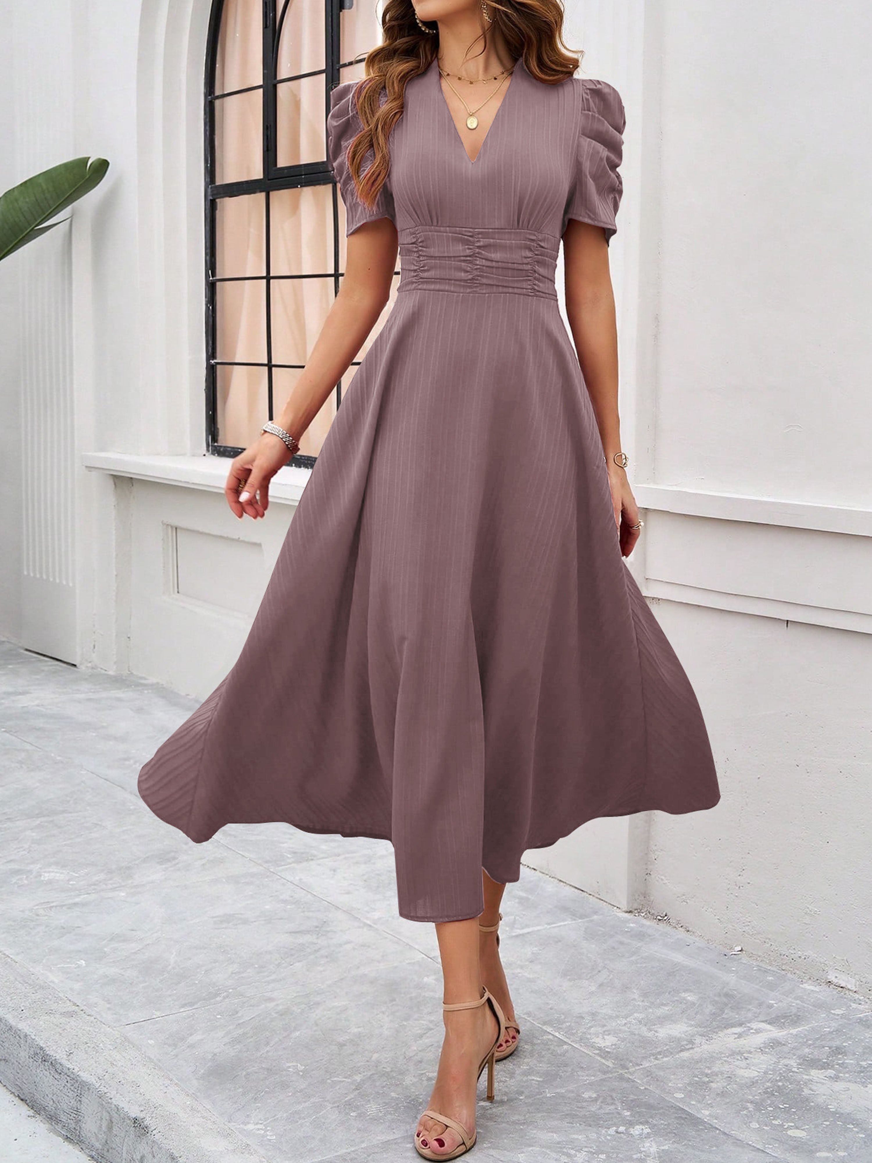Elegant Empire Waist A Line Sleeves Vintage Mauve Wedding Guest Dress