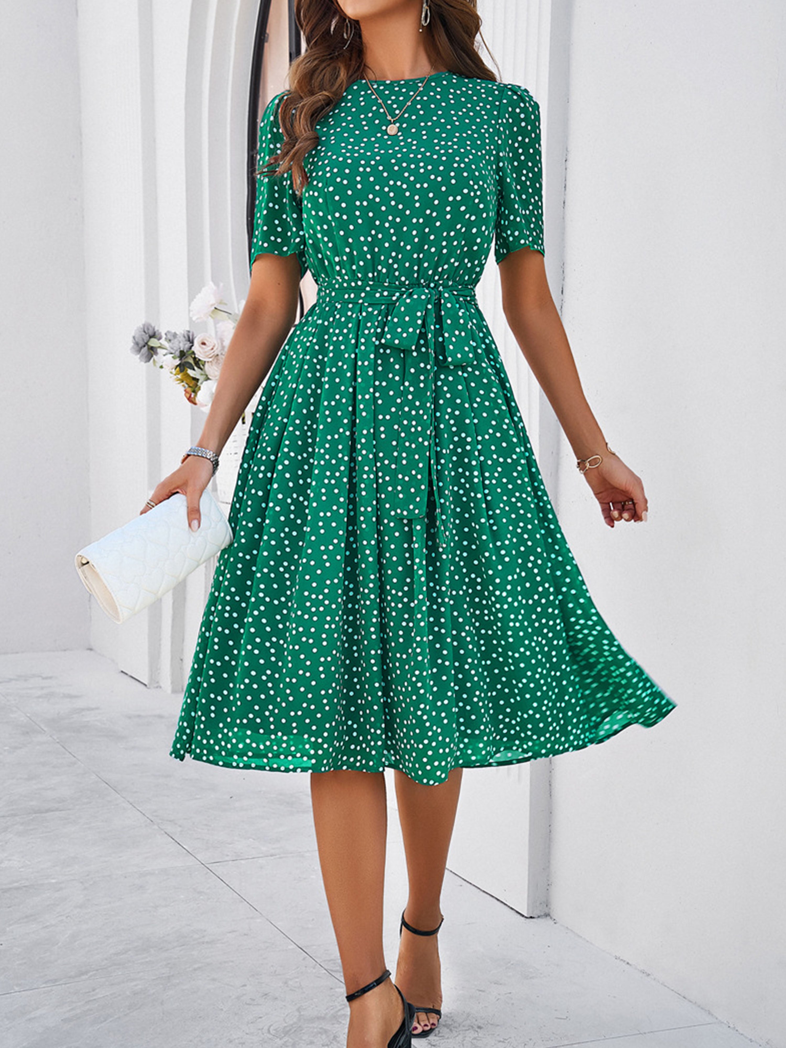Casual Polka Dot Cowl Short Sleeves Green Wedding Guest Dress With Belt
