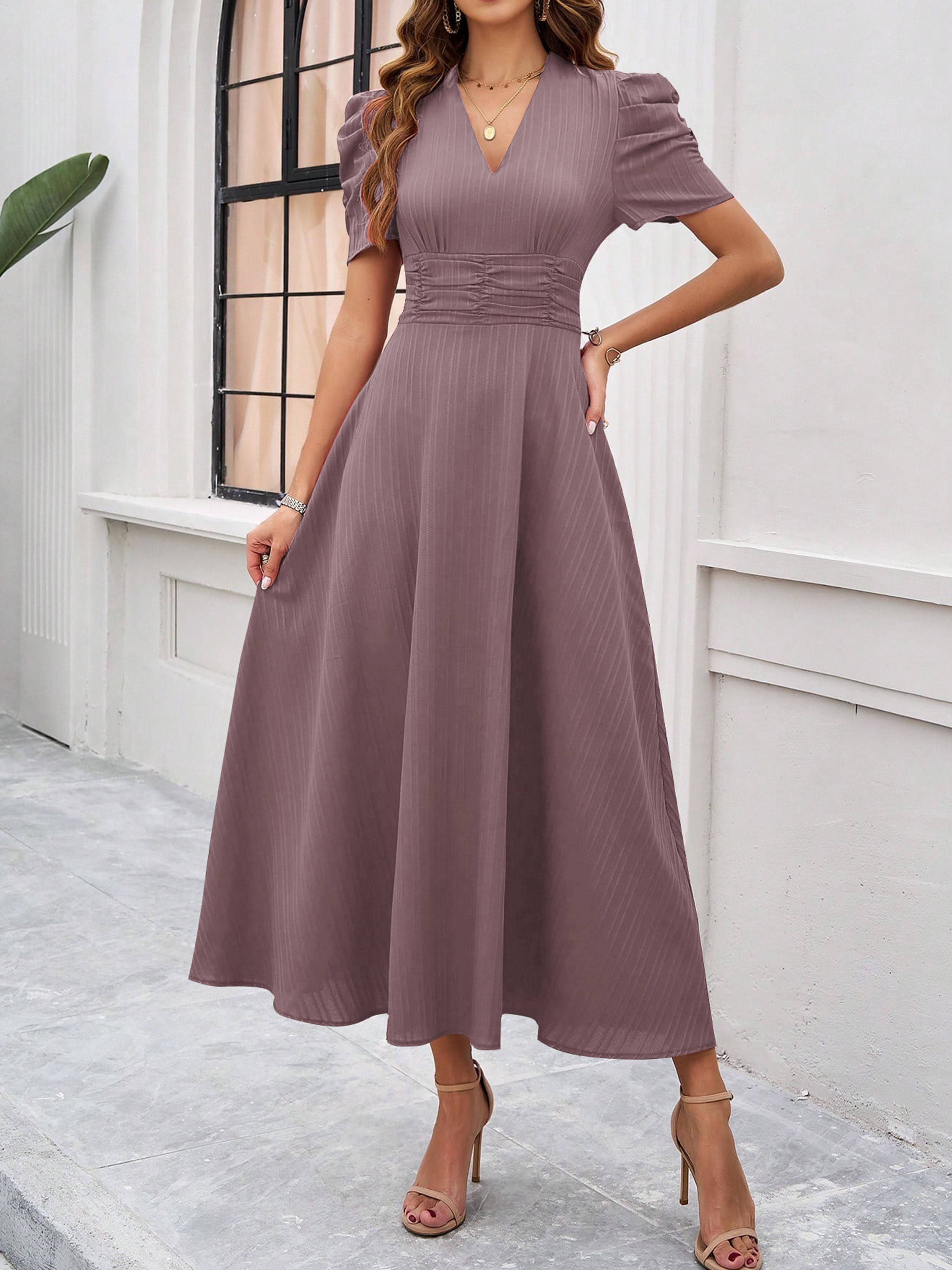 Elegant Empire Waist A Line Sleeves Vintage Mauve Wedding Guest Dress
