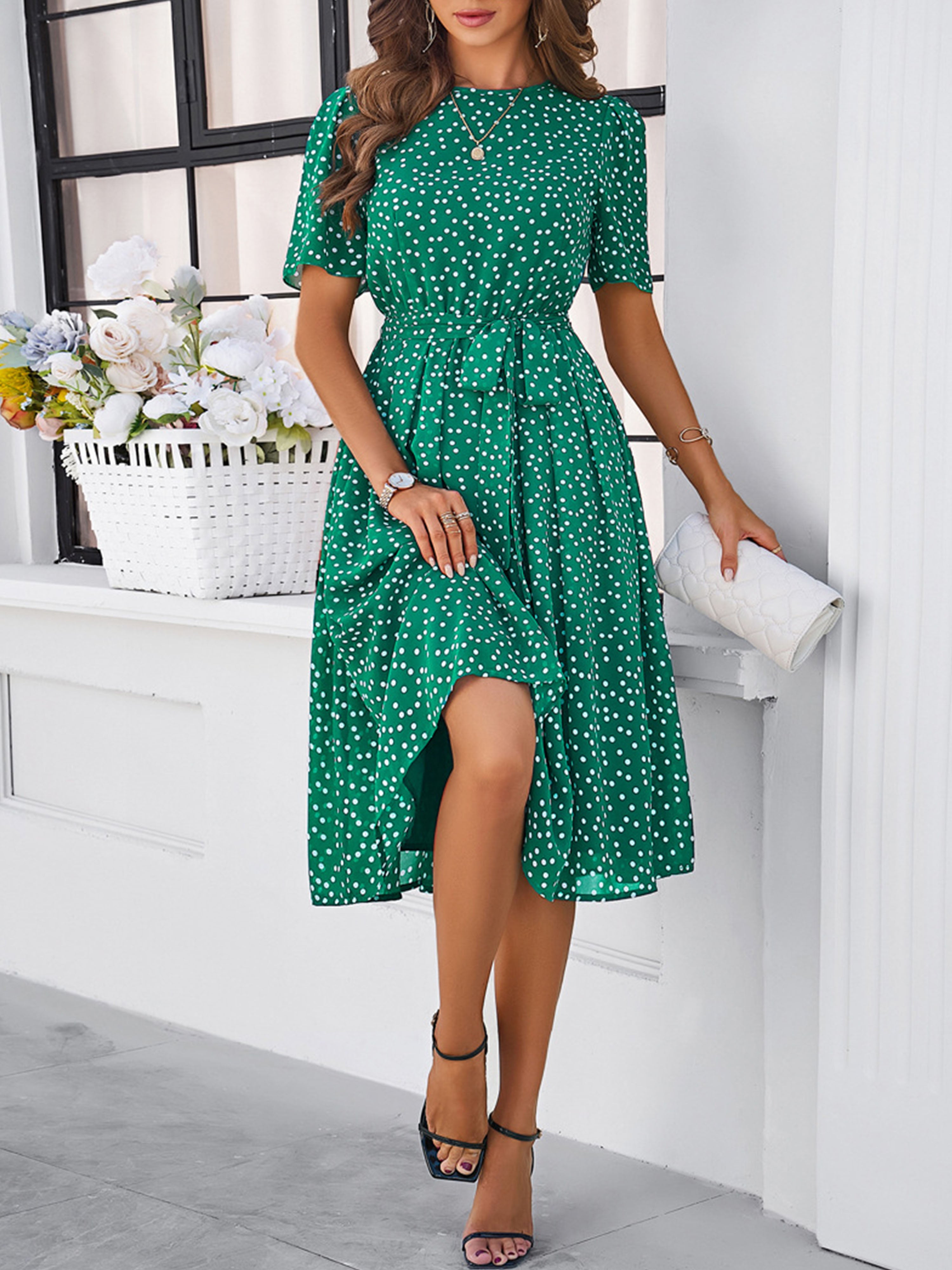Casual Polka Dot Cowl Short Sleeves Green Wedding Guest Dress With Belt