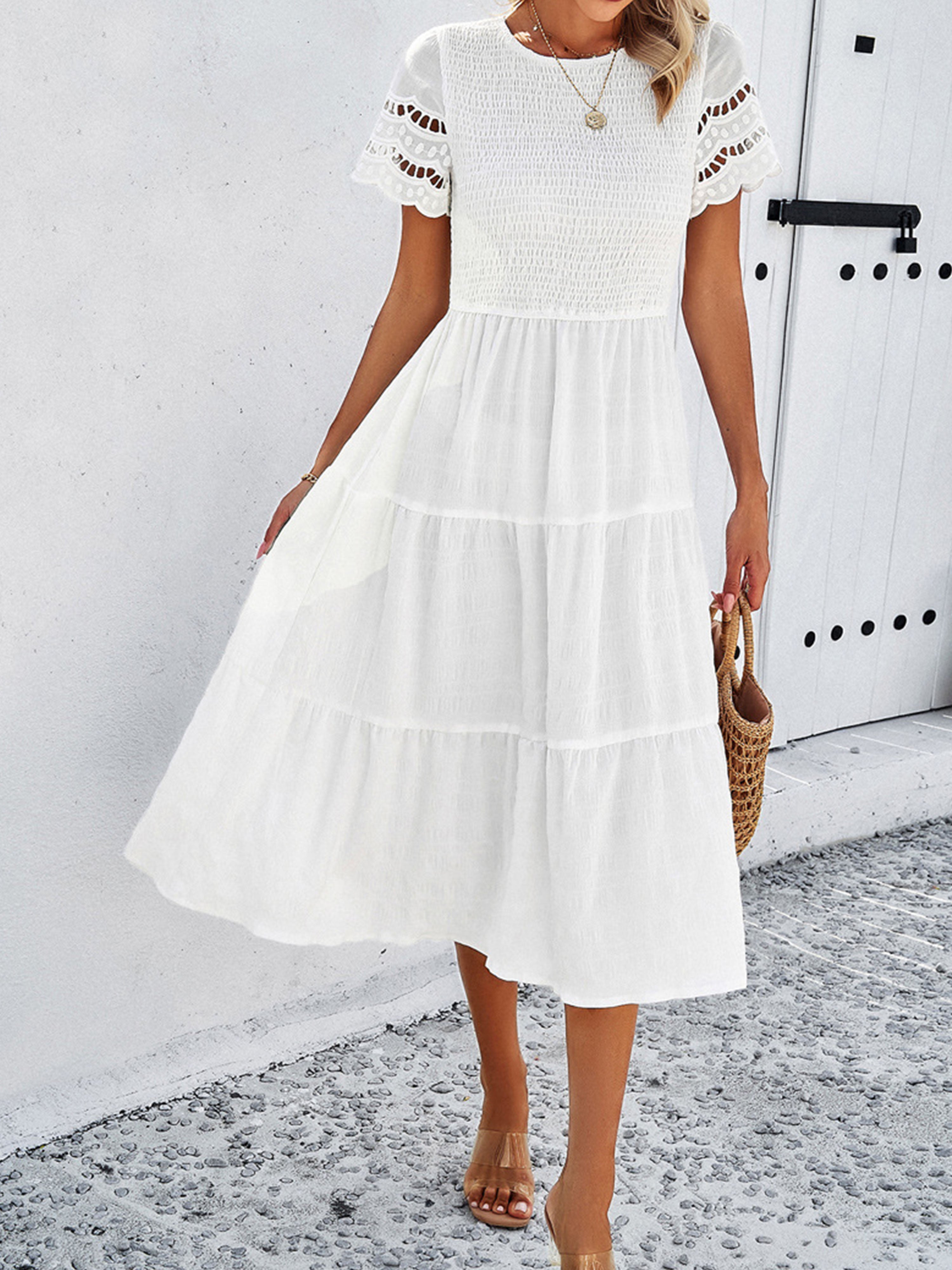 White Solid Color A Line Round Neck Sleeves Wedding Guest Dress