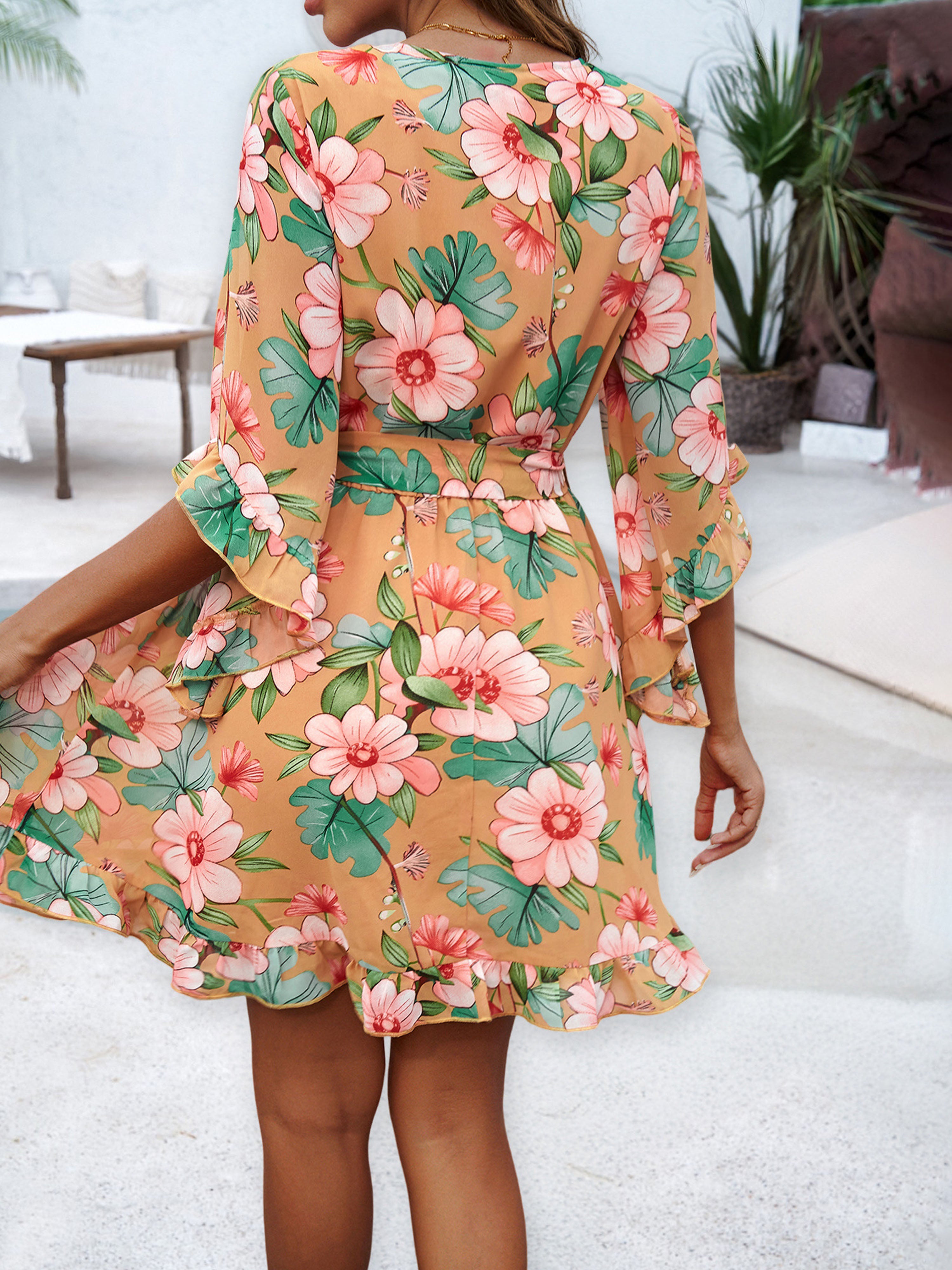 Ruffles Sleeves Floral V Neck Tangerine Wedding Guest Dress With Belts