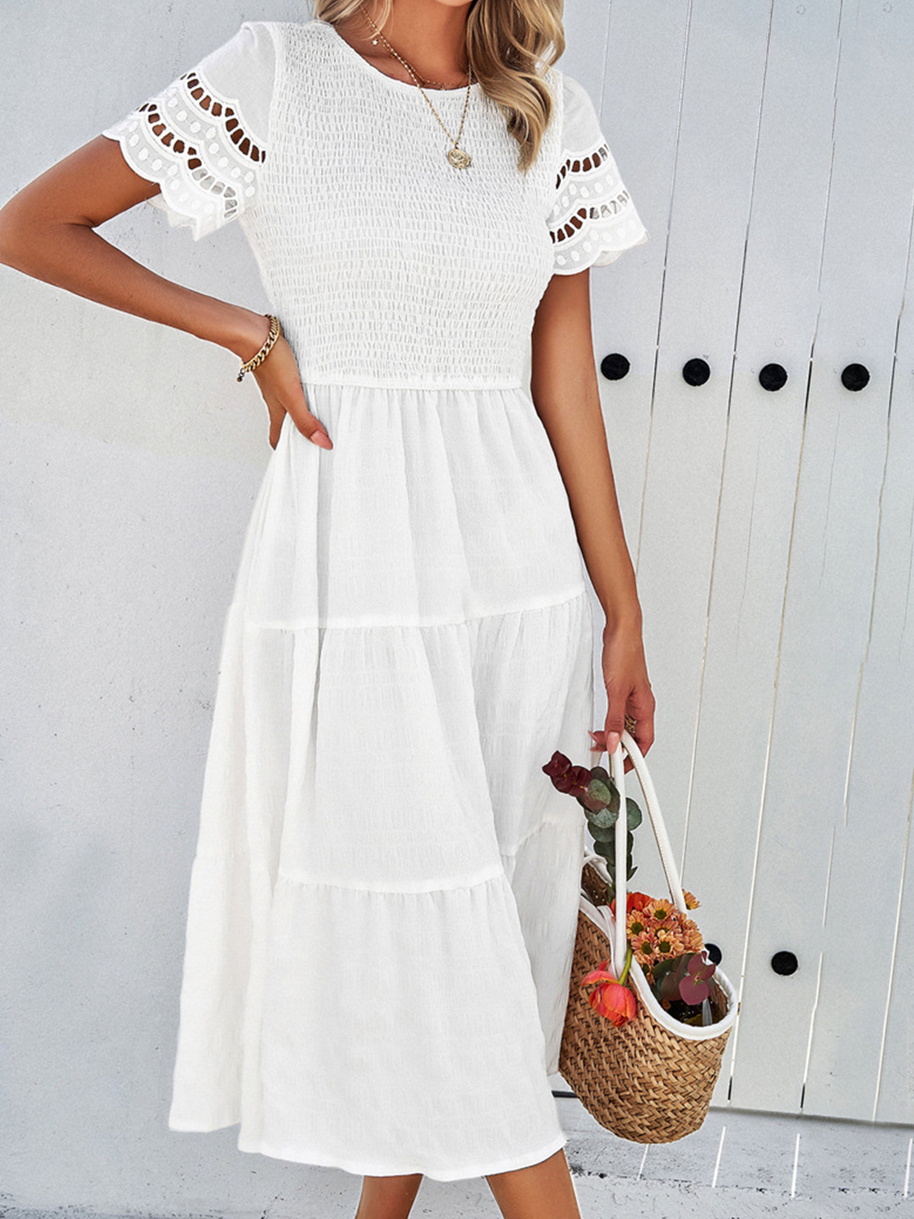White Solid Color A Line Round Neck Sleeves Wedding Guest Dress