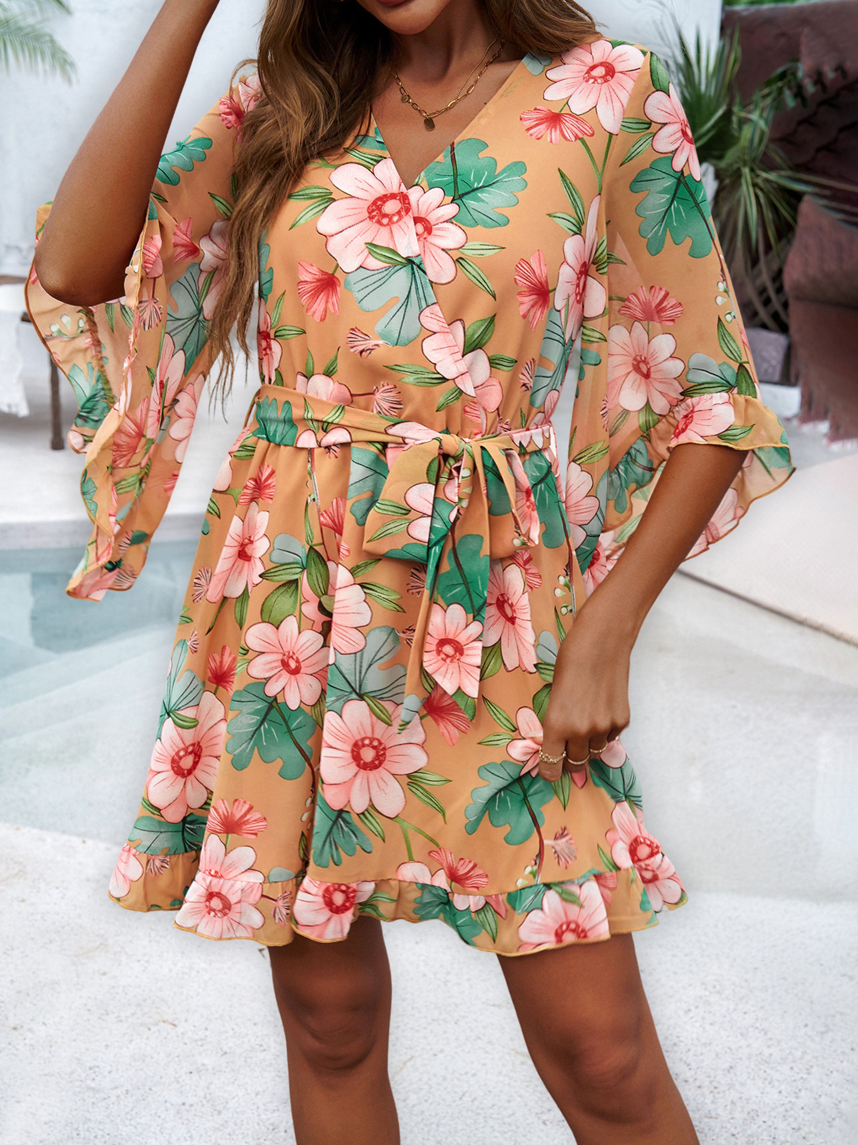 Ruffles Sleeves Floral V Neck Tangerine Wedding Guest Dress With Belts