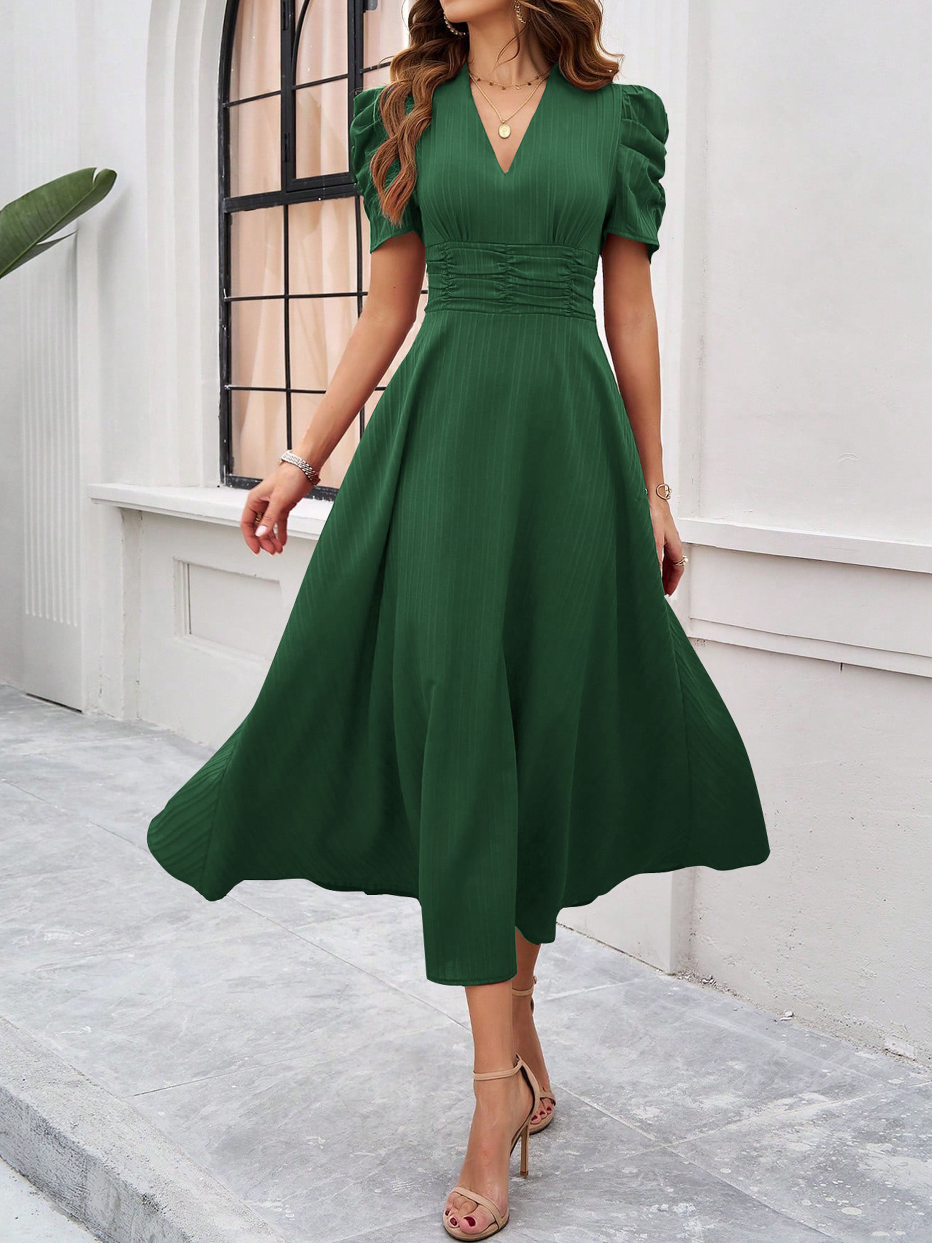 Elegant Empire Waist A Line Sleeves Green Wedding Guest Dress