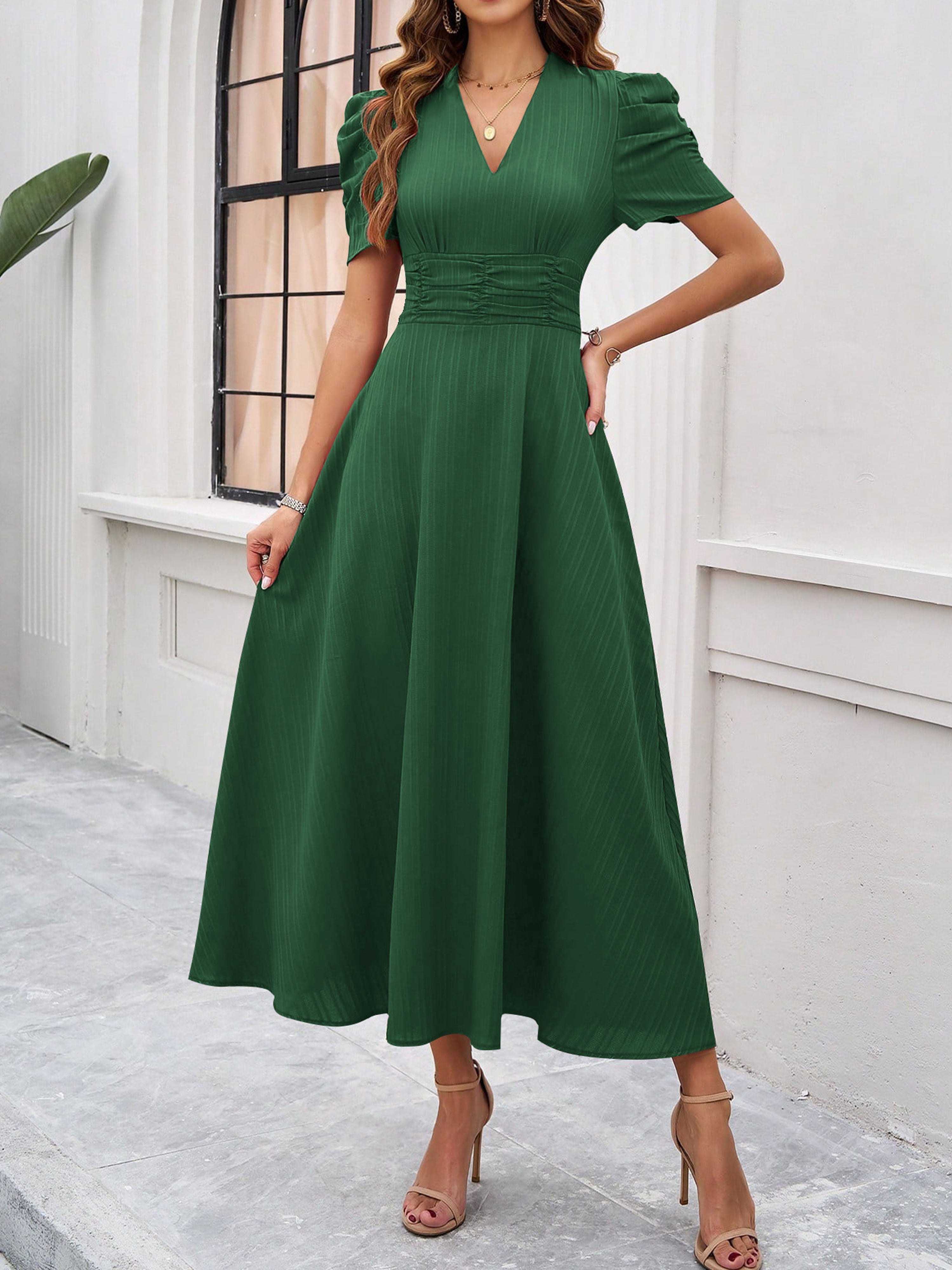 Elegant Empire Waist A Line Sleeves Green Wedding Guest Dress