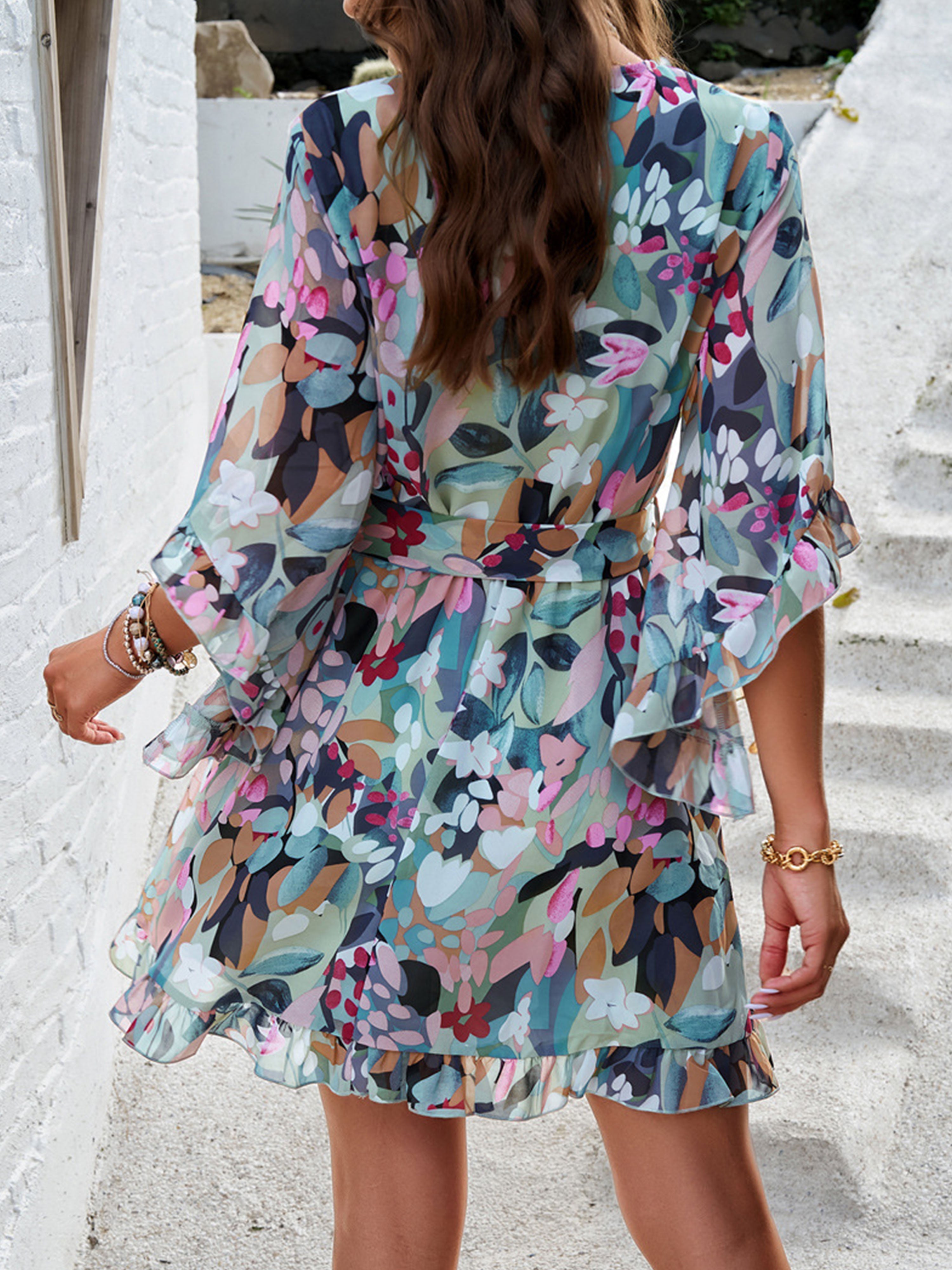 Ruffles Sleeves Floral V Neck Mint Green Wedding Guest Dress With Belts