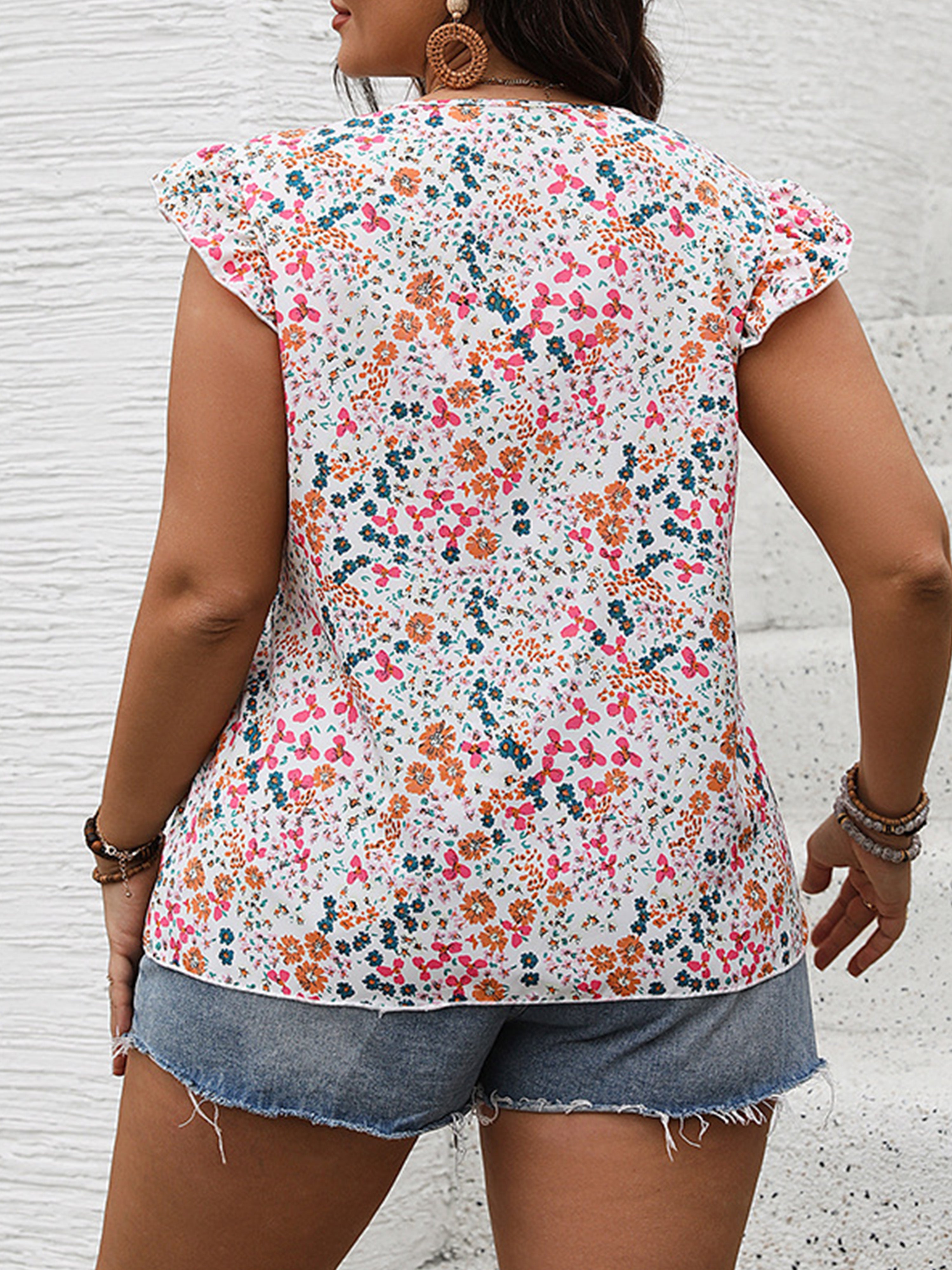 Plus Floral Printed Cap Sleeves Blouse