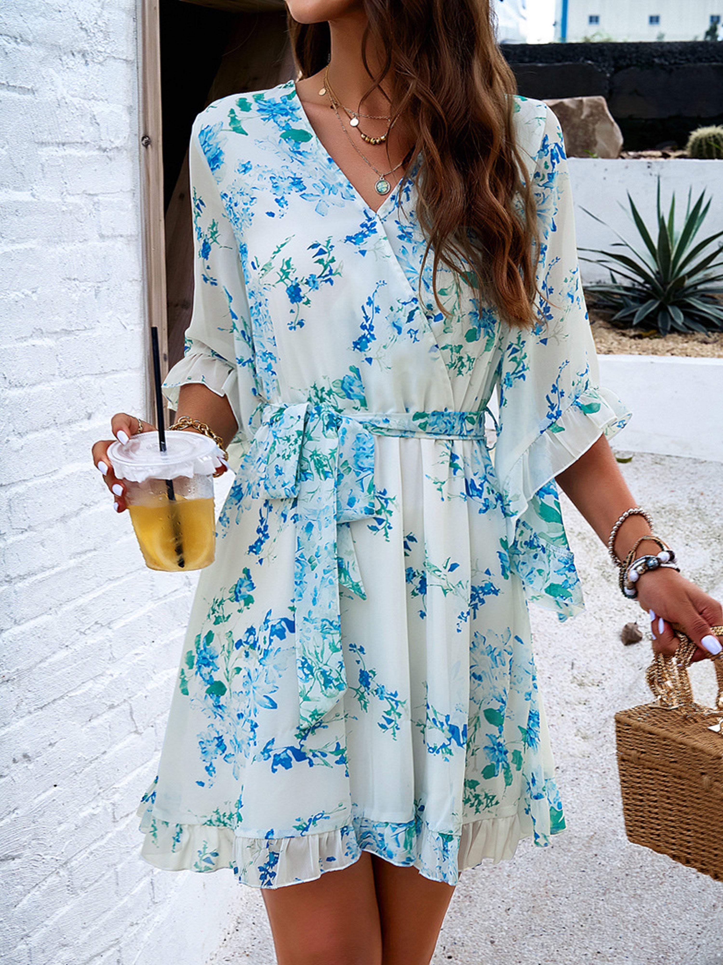 Ruffles Sleeves Floral V Neck White Wedding Guest Dress With Belts