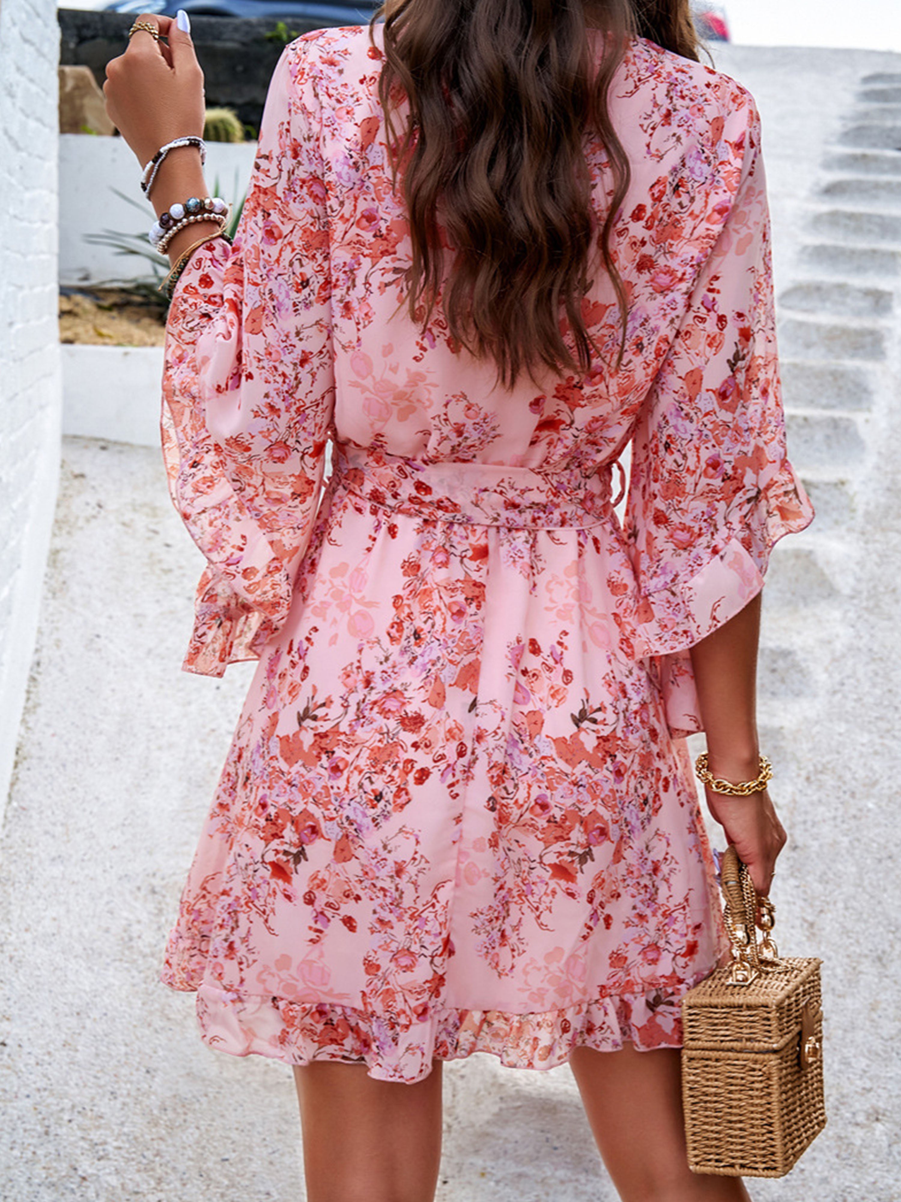 Ruffles Sleeves Floral V Neck Pink Wedding Guest Dress With Belts