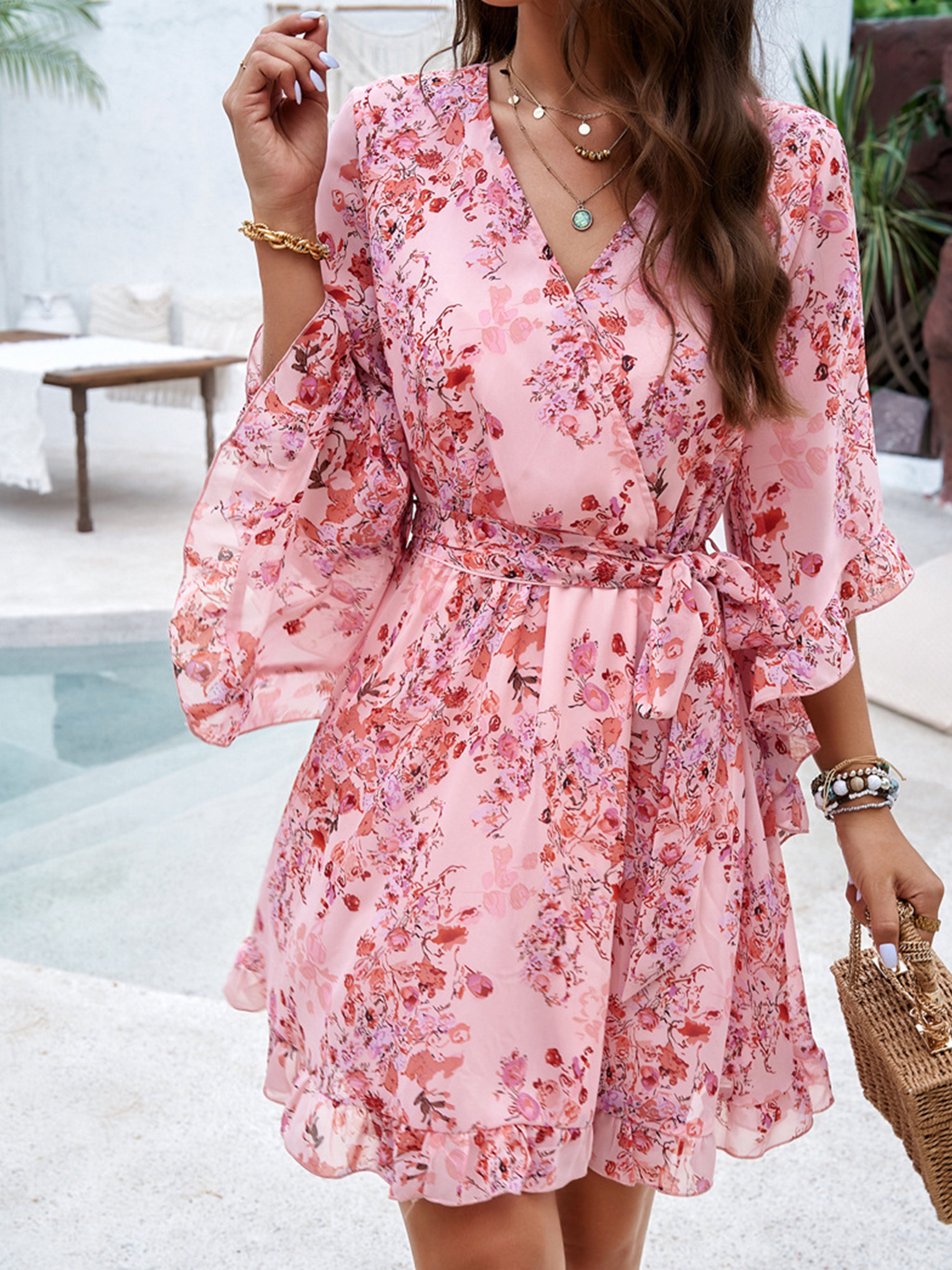 Ruffles Sleeves Floral V Neck Pink Wedding Guest Dress With Belts