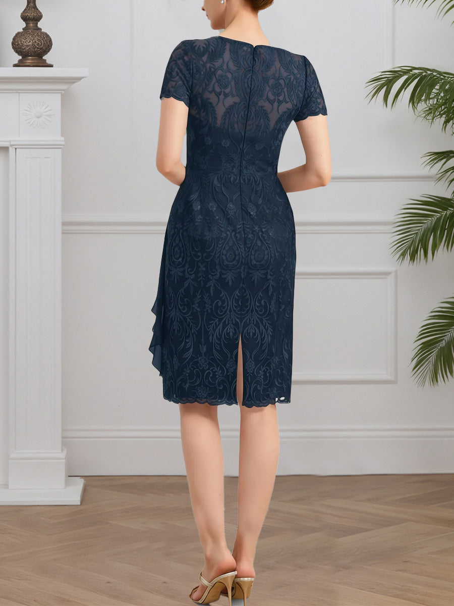 Cicinia Dark Navy Mother Of The Bride Dresses Chiffon Lace Sheath Knee Length Short Sleeves