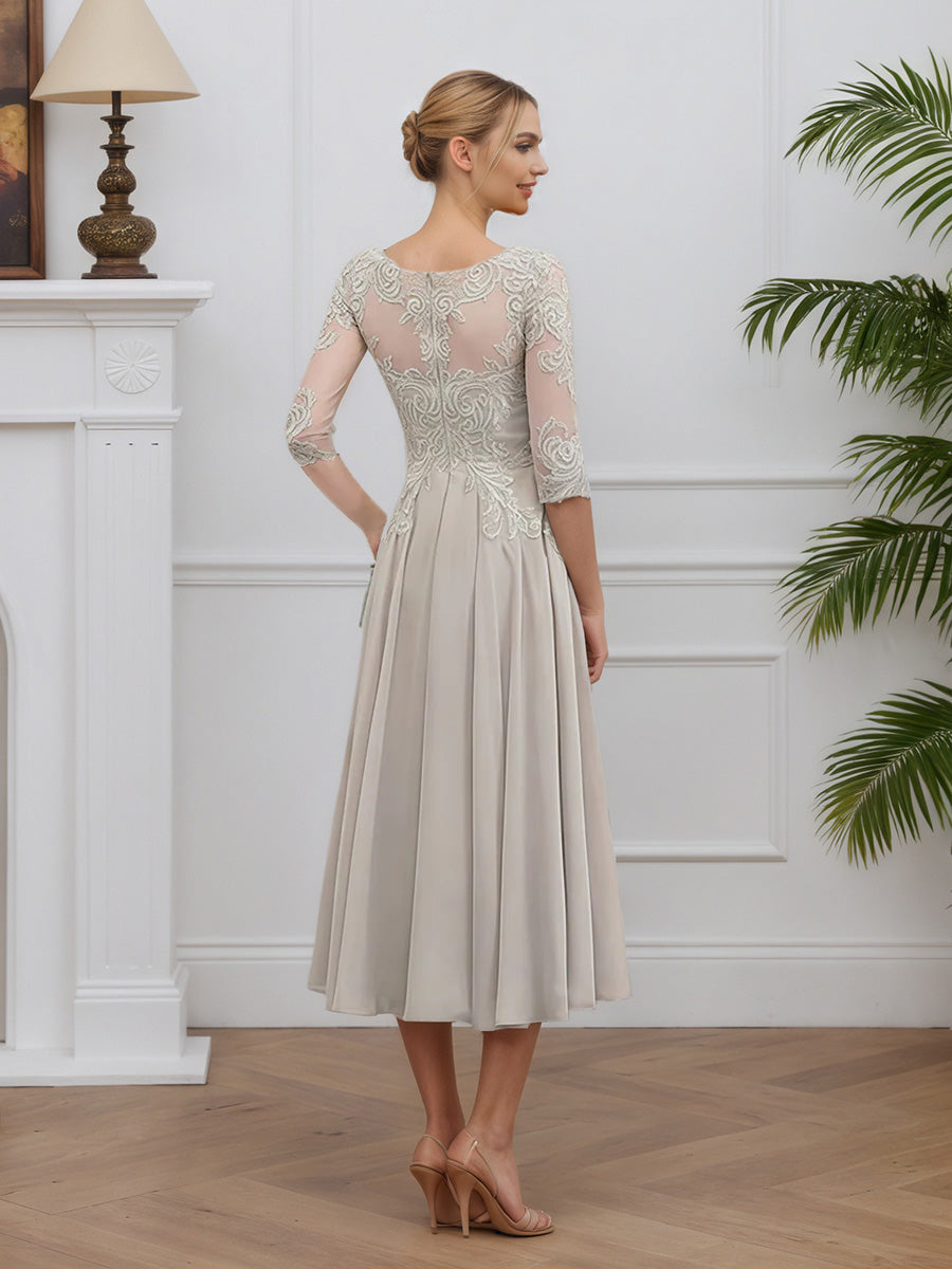 Cicinia Silver Mother Of The Bride Dresses Chiffon Lace A-Line Jewel Sleeves Tea Length