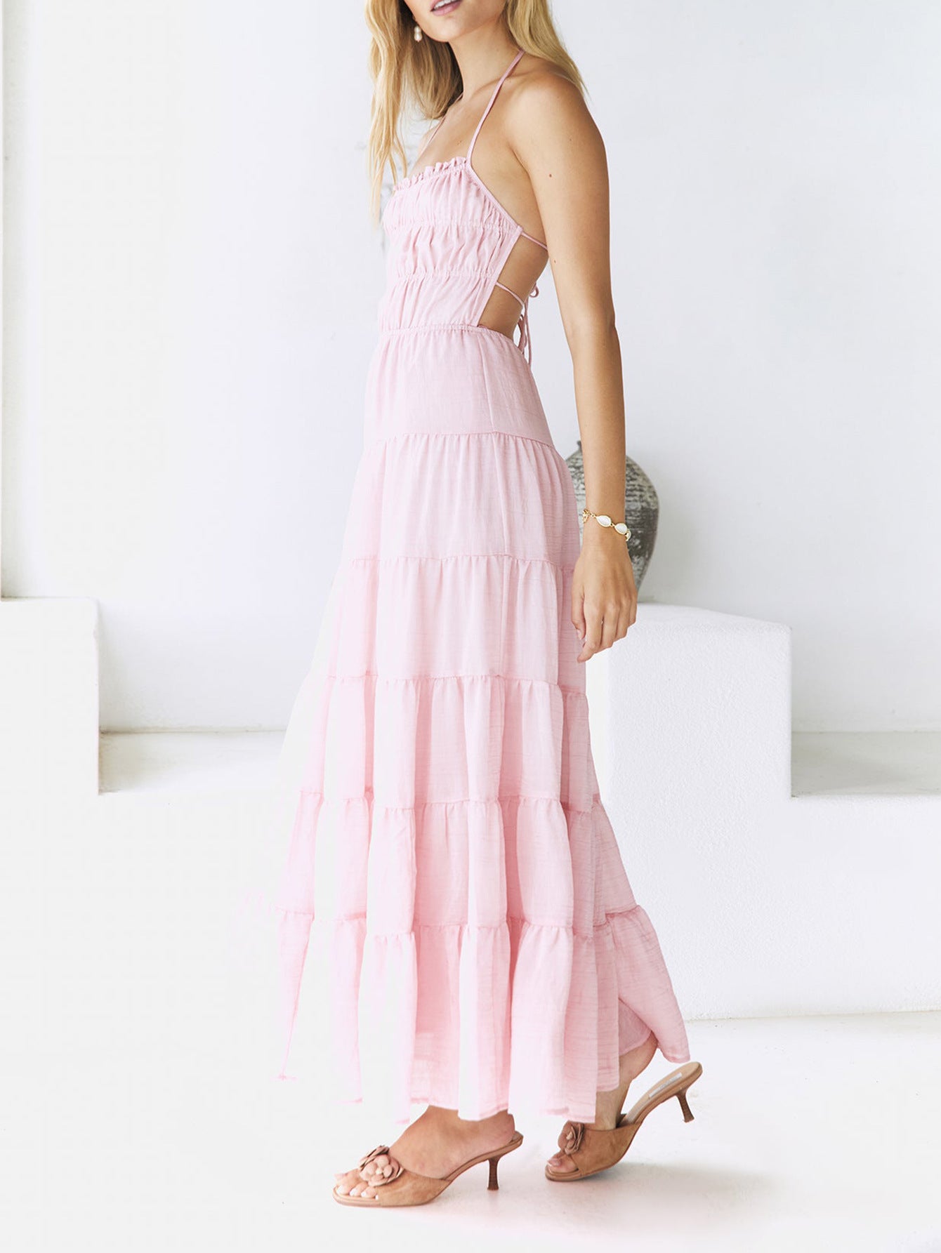 Halter Blushing Pink Sleeveless Ankle length Wedding Guest Dress with Open Back