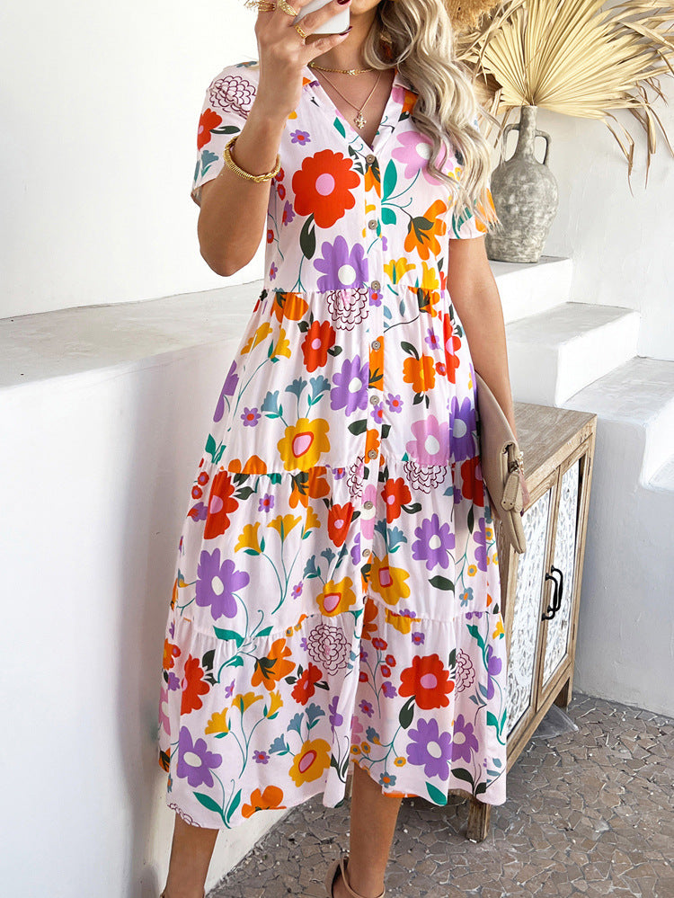 Boho Pink Ankle Length V-Neck Printed Floral Color Clashing Wedding Guest Dress