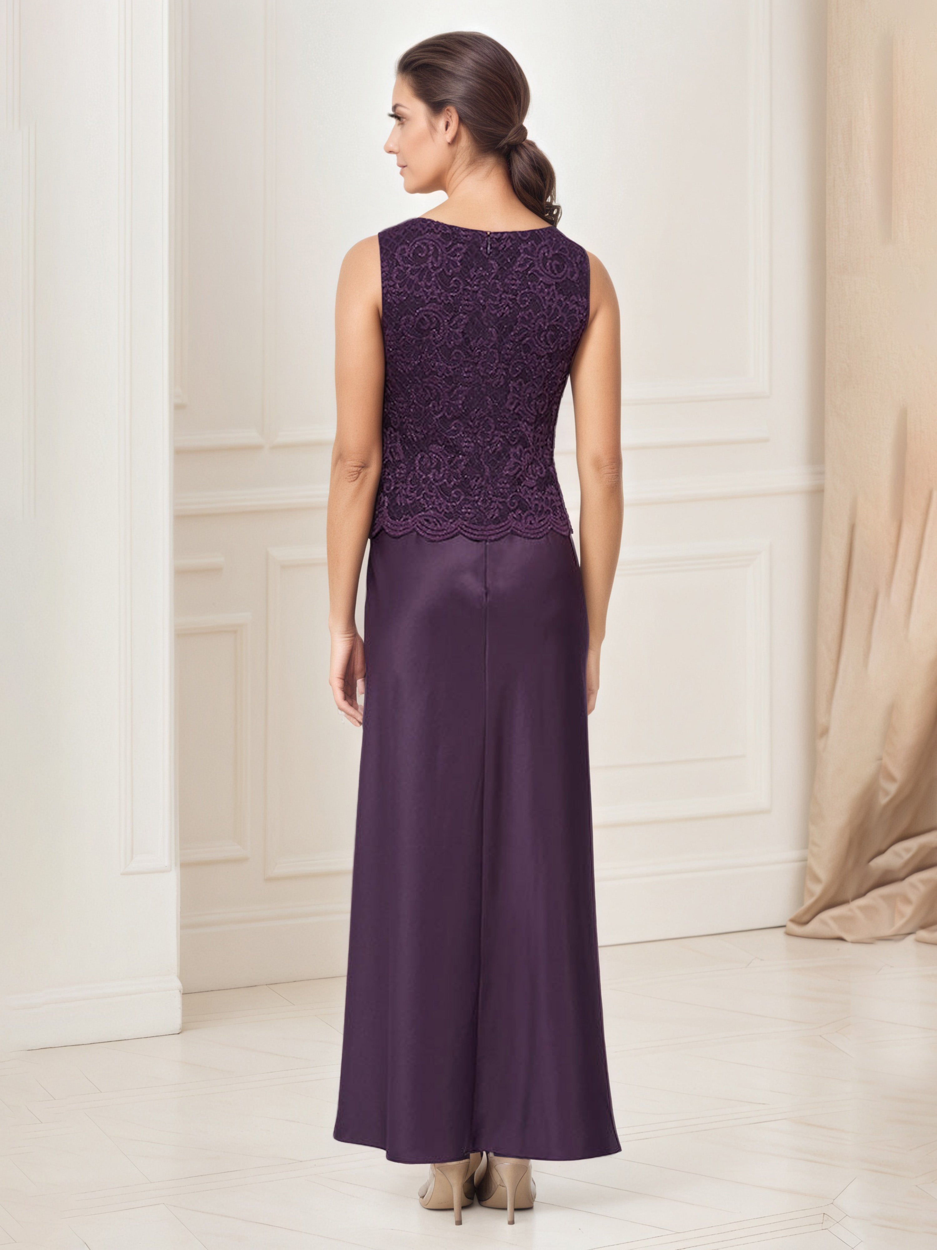 Glitter Lace Bodice Satin Aubergine Mother Of The Bride Dress with Lace Jacket