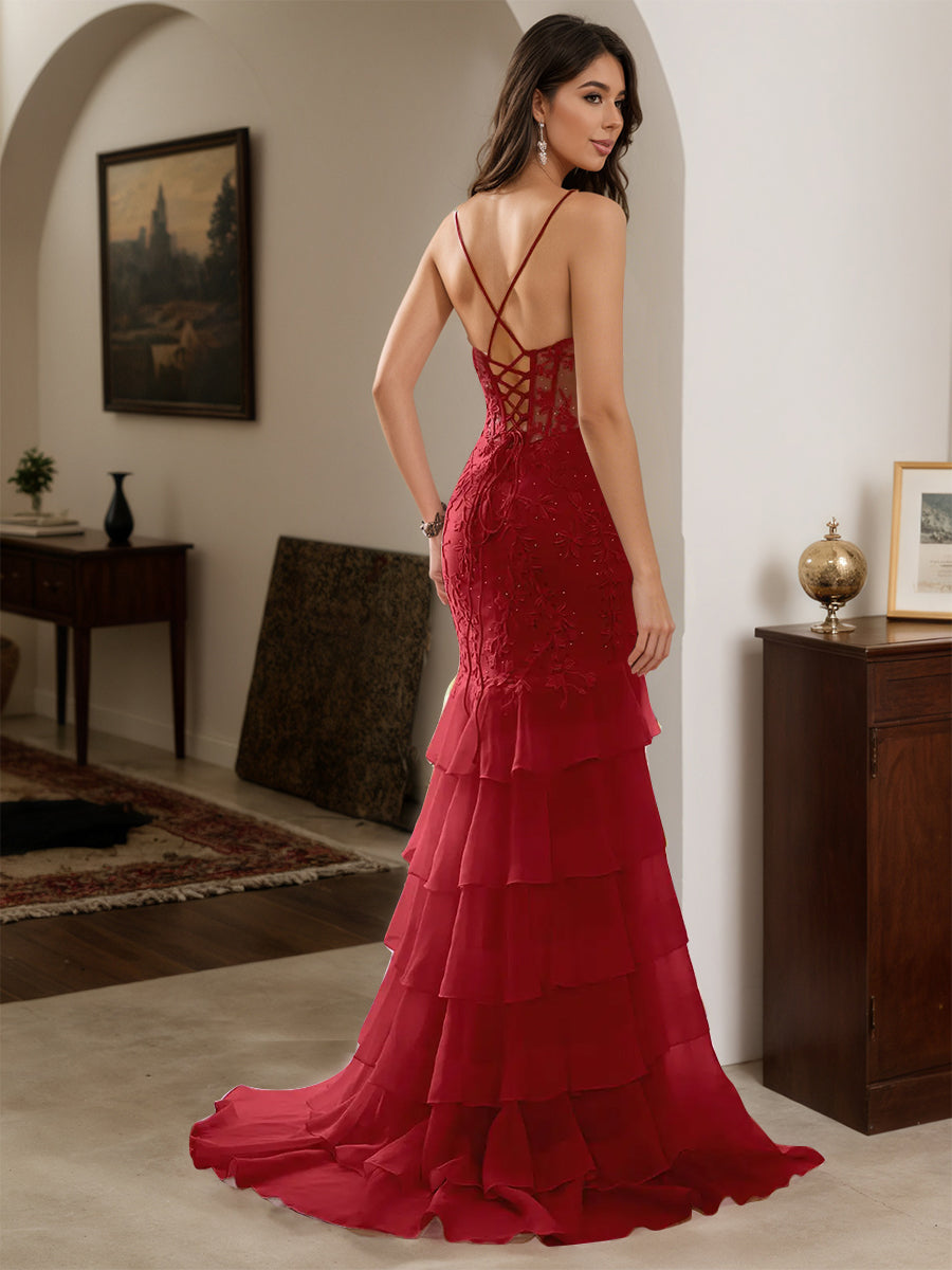 Cicinia Burgundy Prom Dresses Chiffon Appliques Lace Sheath Layers Spaghetti Straps Slit Evening Gown