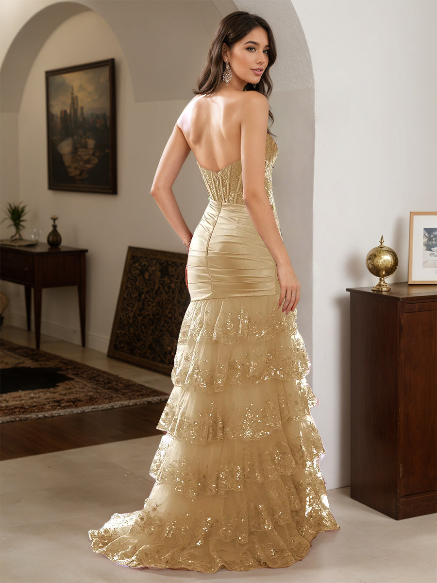 Cicinia Champagne Prom Dresses Lace Sequins Sheath Layers Slit Sweetheart Evening Gown