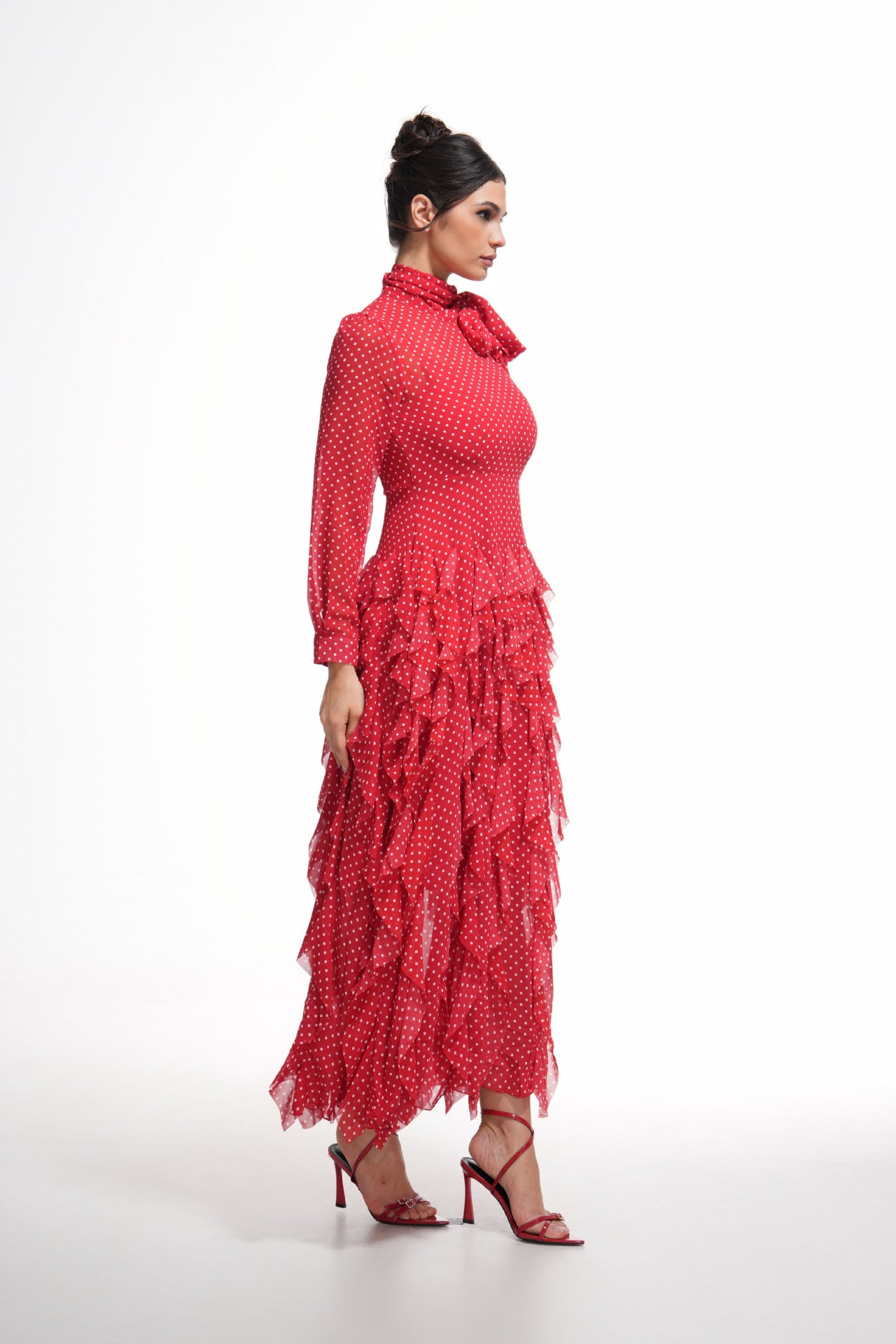 Red Temperament Polka Dot Half High Neck Long Sleeve Prom Dress