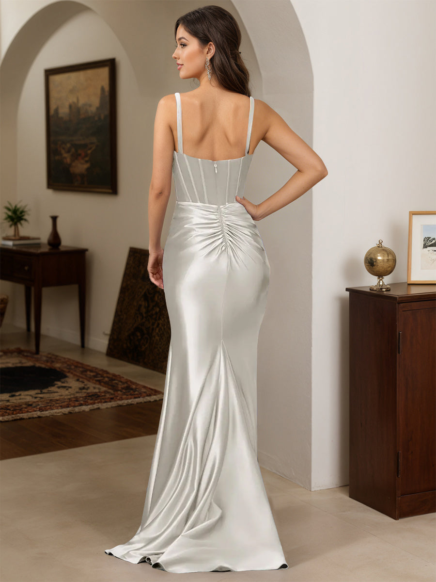 Cicinia Silver Prom Dresses Stretch Satin Trumpet Backless Sleeveless Straps Evening Gowns