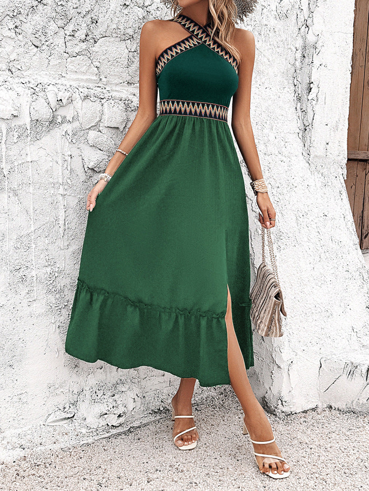 Boho Halter Sleeveless Dark Green Wedding Guest Dress with Split