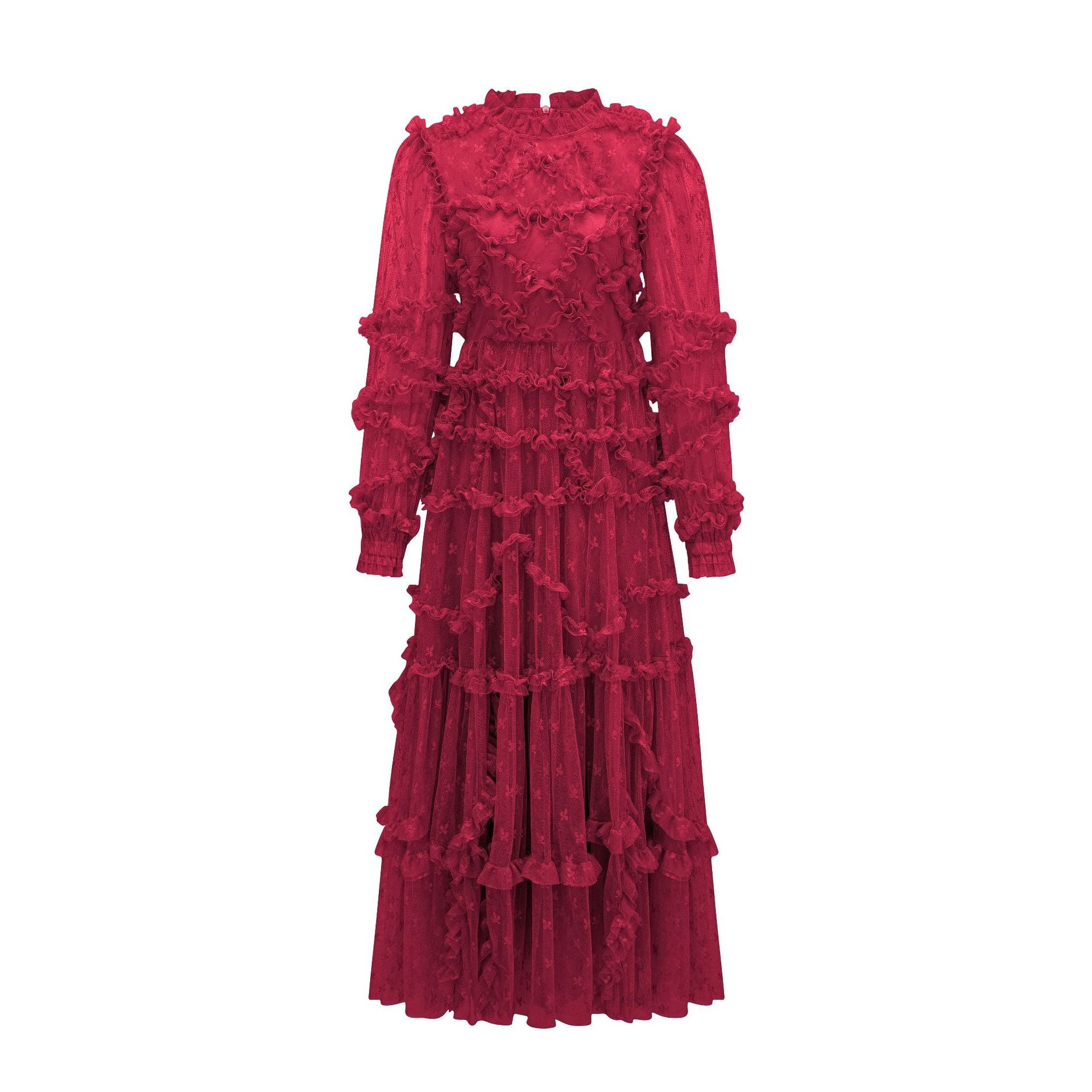 Elegant Mesh Embroidery Basic Red Long Evening Prom Dress