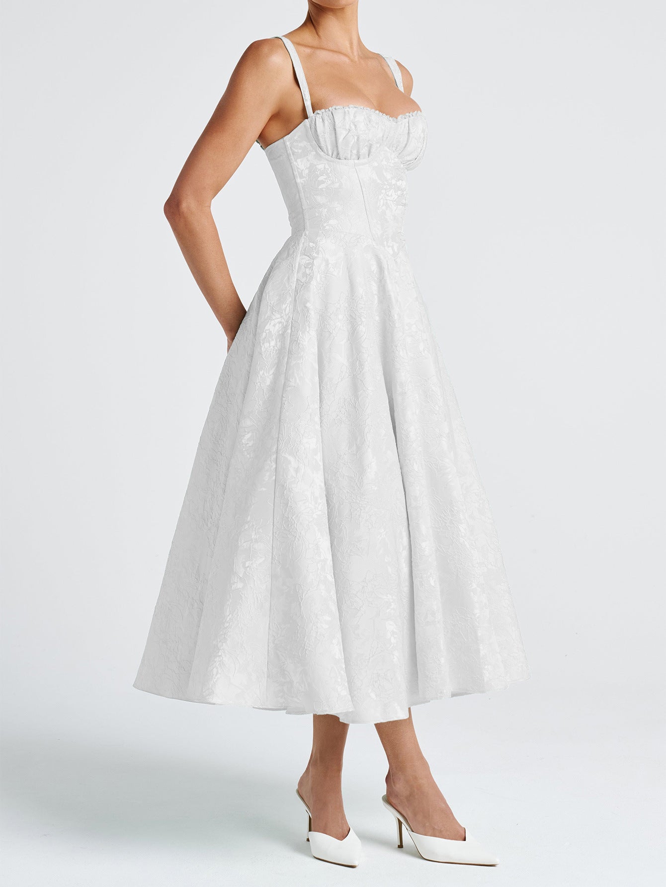 Elegant Straps Illusion Neckline Ivory Floral Wedding Guest Dress