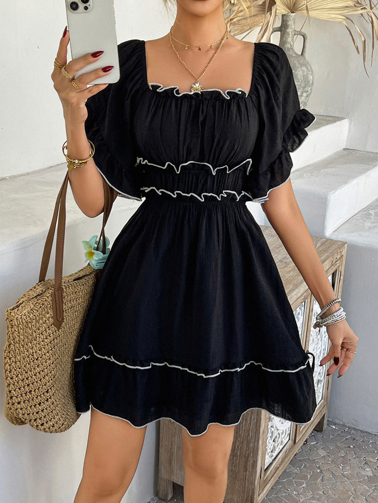 Sleeves Black Ruffle Short Sleeves A-Line Short Wedding Guest Dress with Convertible Neckline